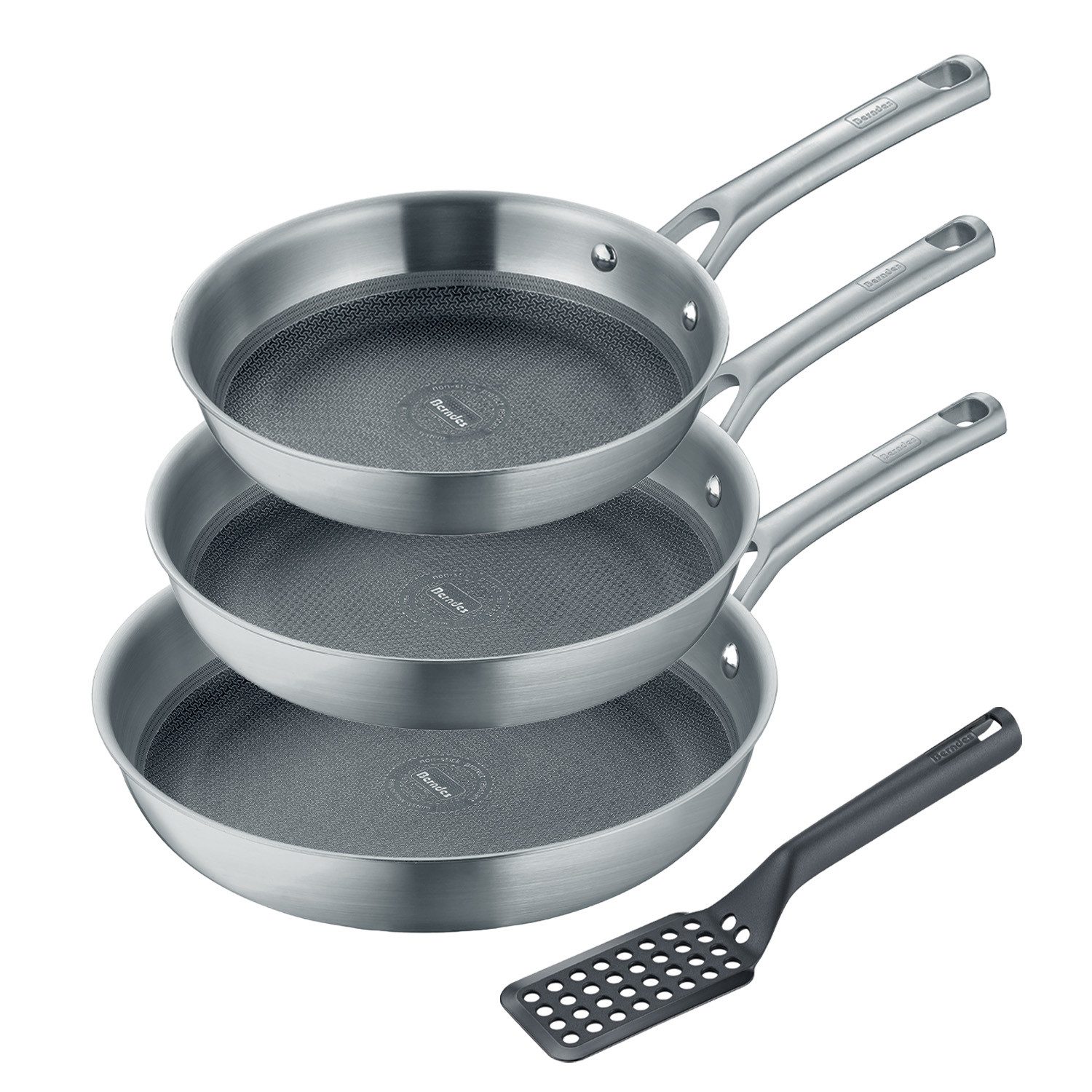 Berndes Pfannen-Set 20+24+28 cm, Edelstahl, poliert, inkl. Pfannenwender - Tricion Resist, 3-Schicht-Material (4-teilig)