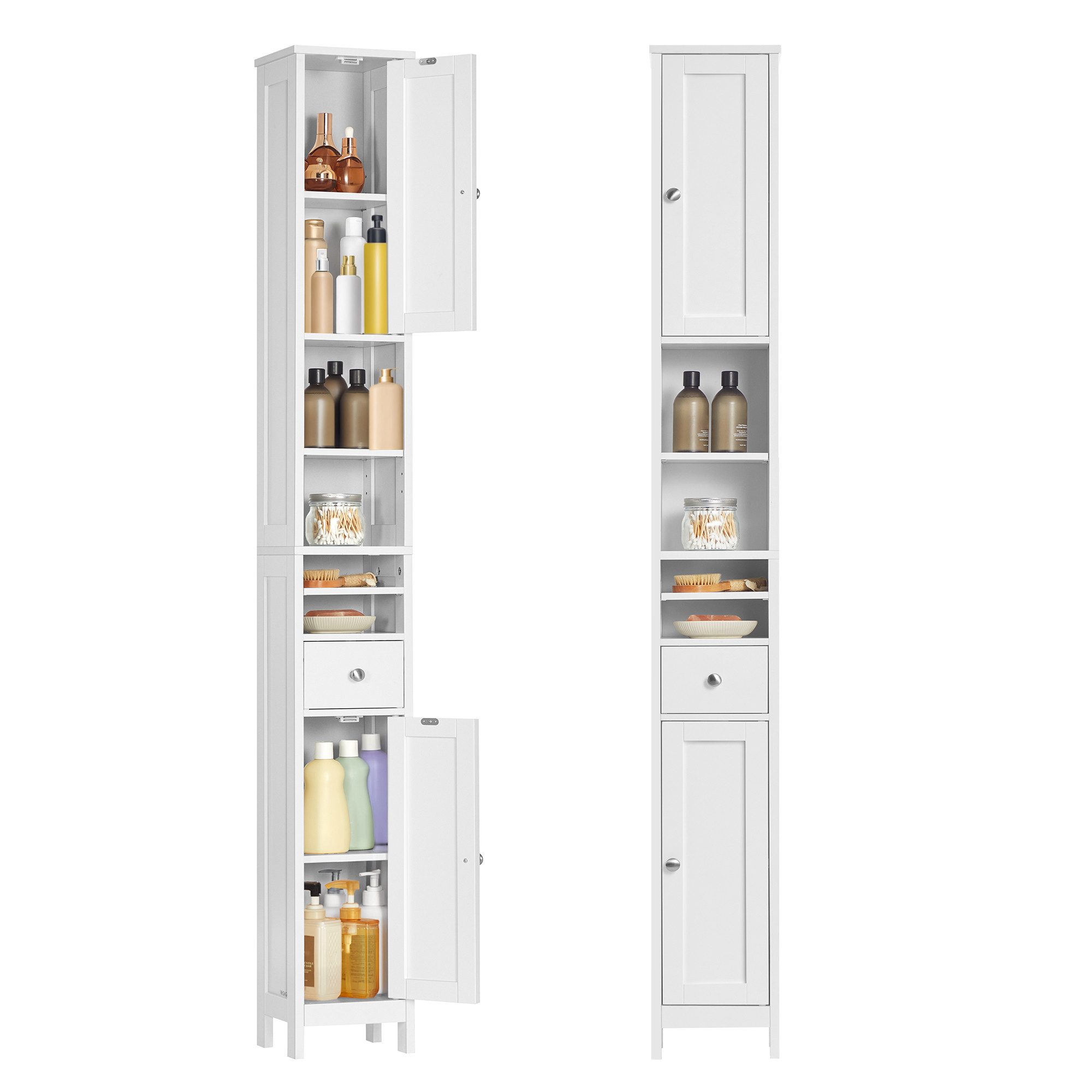 VASAGLE Badkommode Badezimmerschrank, Badschrank, mit verstellbaren Ablagen, Schublade, hoch, schmaler Aufbewahrungsschrank, offenen Fächern, für kleine Räume