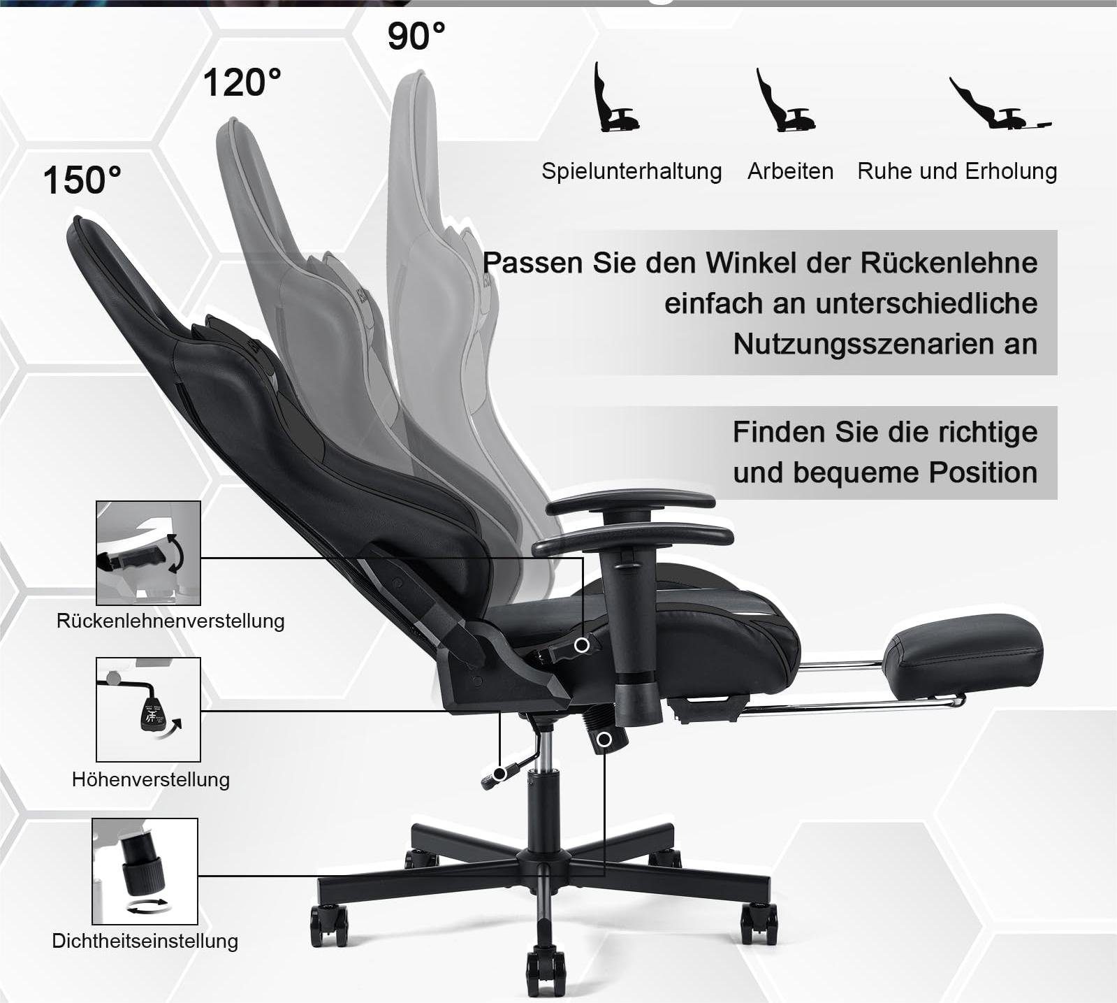 360° Fußstütze, ergonomischer Nackenkissen, Neigungswinkel Rückenlehne Sitzhöhe verstellbar, Fangqi Chair mit verstellbar, Lendenkissen) (Armlehnen, Gaming-Stuhl Bürostuhl Gaming der drehbar,