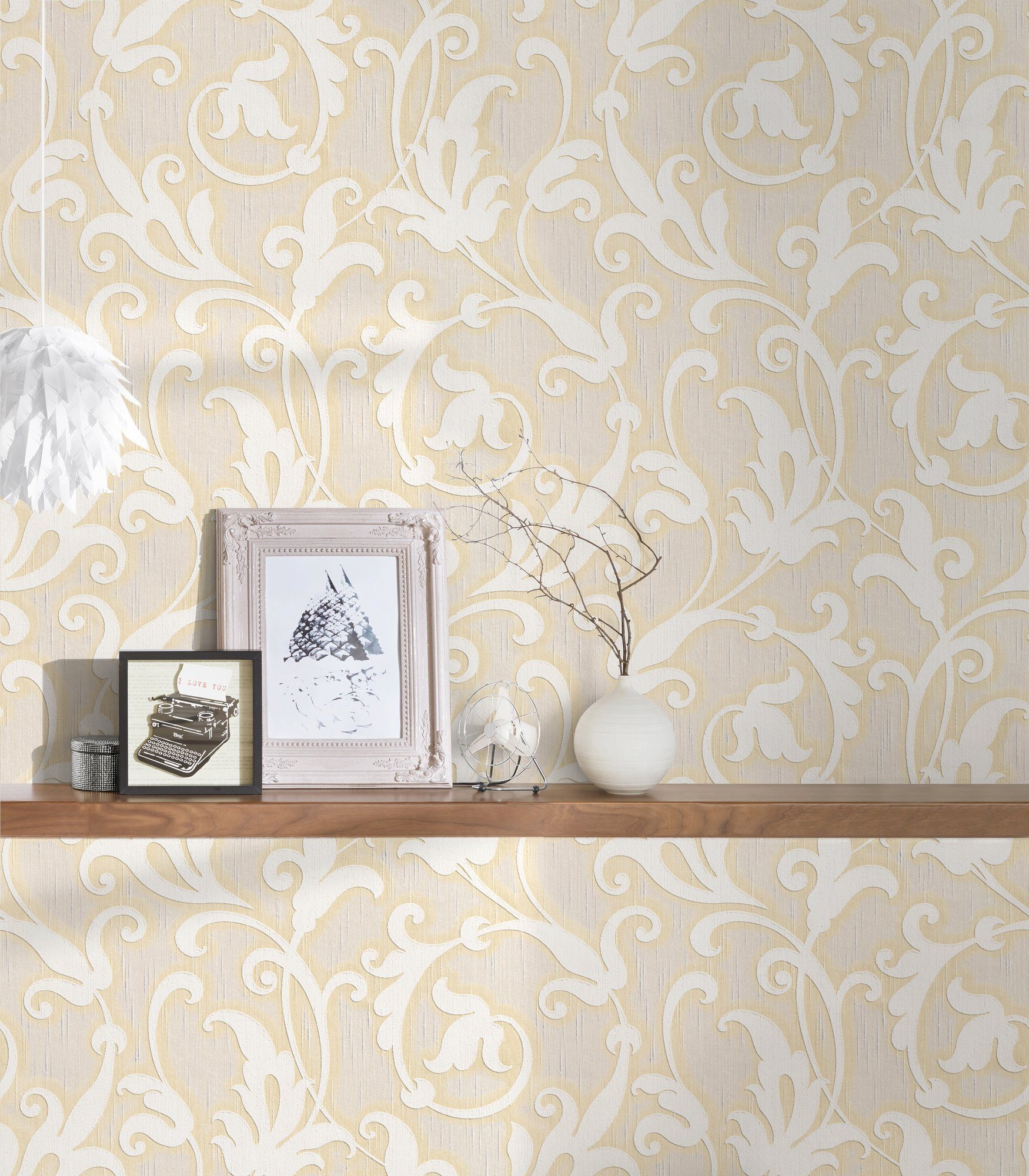 Tessuto, Paper samtig, Textiltapete Barock, Architects Barock floral, Tapete creme/beige/gold