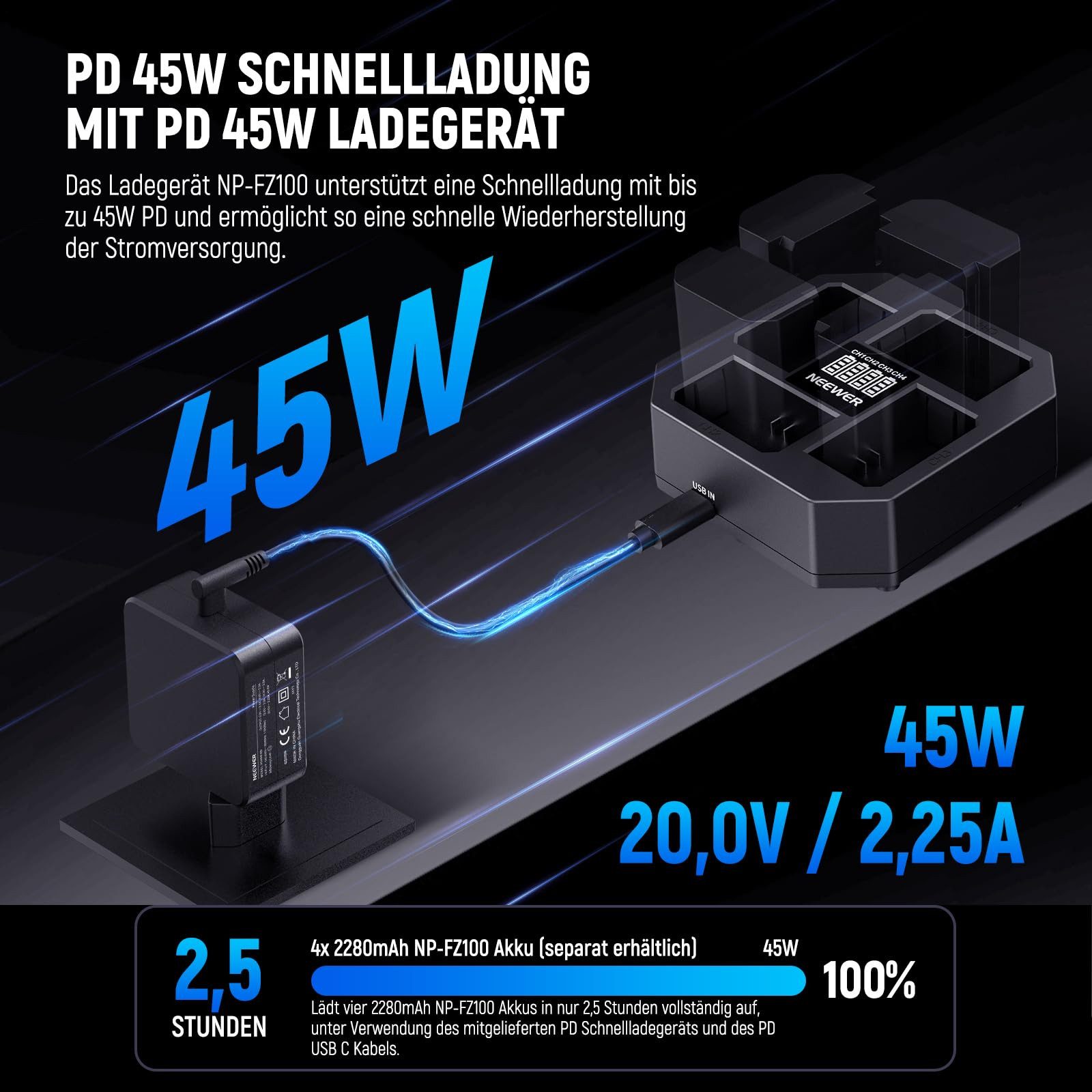 Neewer NW-Z4 4 Kanal USB Ladegerät Charger für NP-FZ100 Kamera Akku Batterie-Ladegerät (Packung, 1-tlg., mit PD 45W Schnellladegerät, Akkuanzeige, für Sony A7IV A9iii ZV-E1)