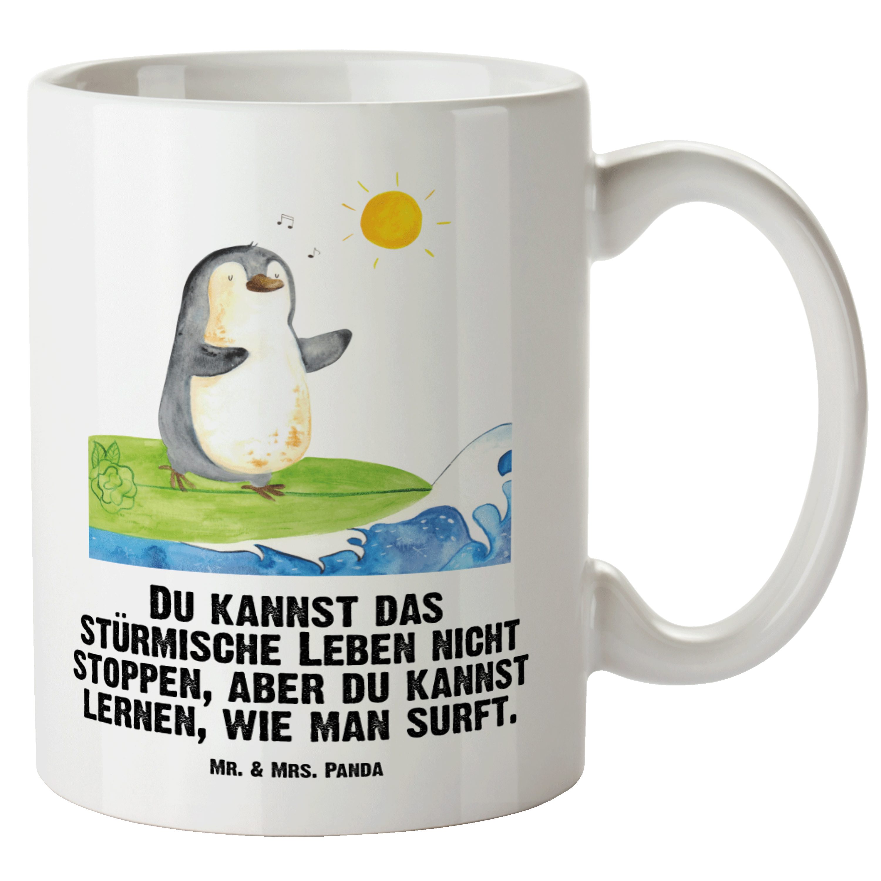 Pinguin Geschenk, reiten, Weiß Becher, Tasse Mrs. J, XL & Panda - Tasse Keramik Wellen Mr. Surfer - Wellen, XL