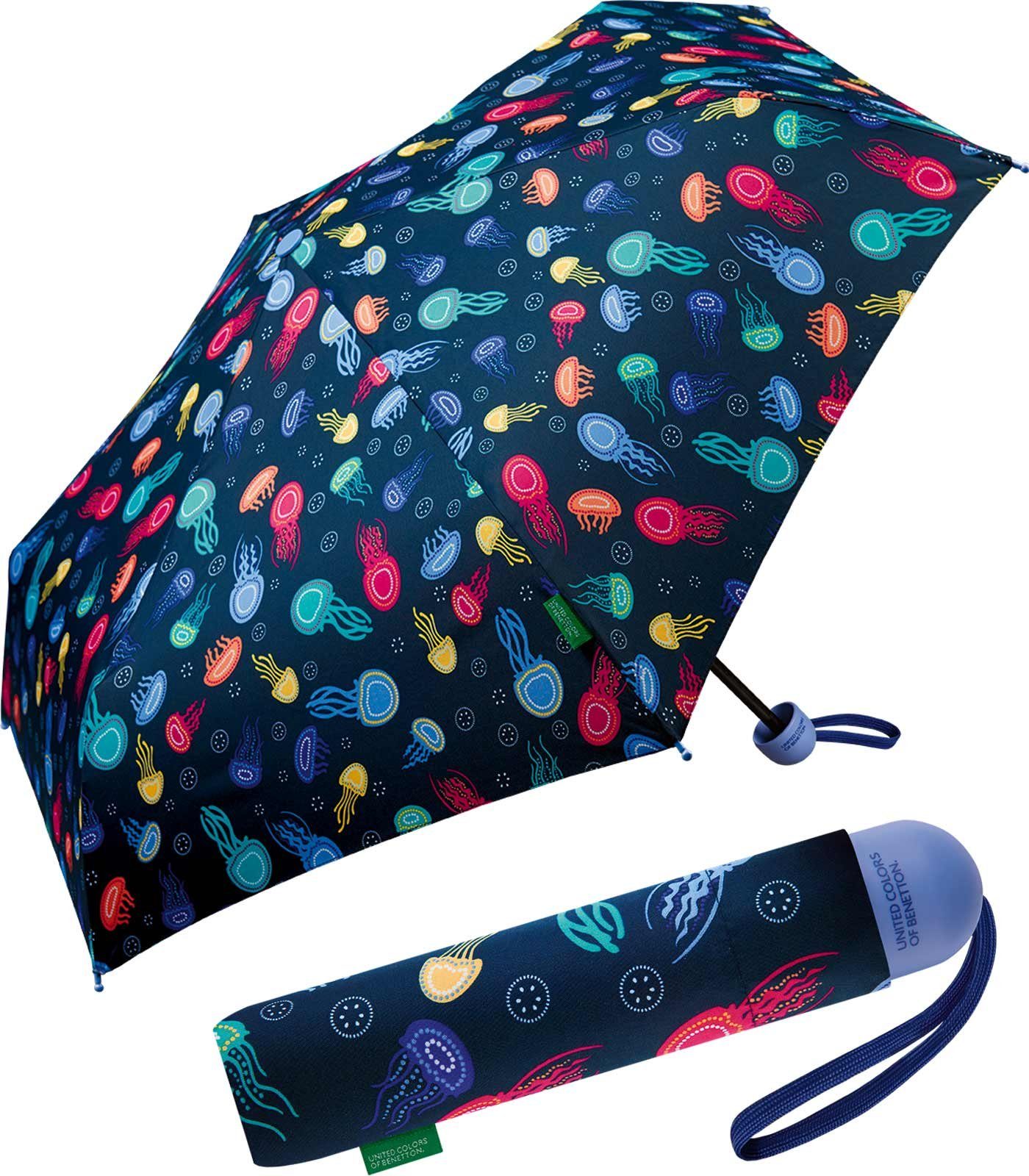 United Colors of Benetton Taschenregenschirm Kinderschirm mit Handöffner und buntem Dach, lustiges Quallen-Motiv für Spaß beim Regen