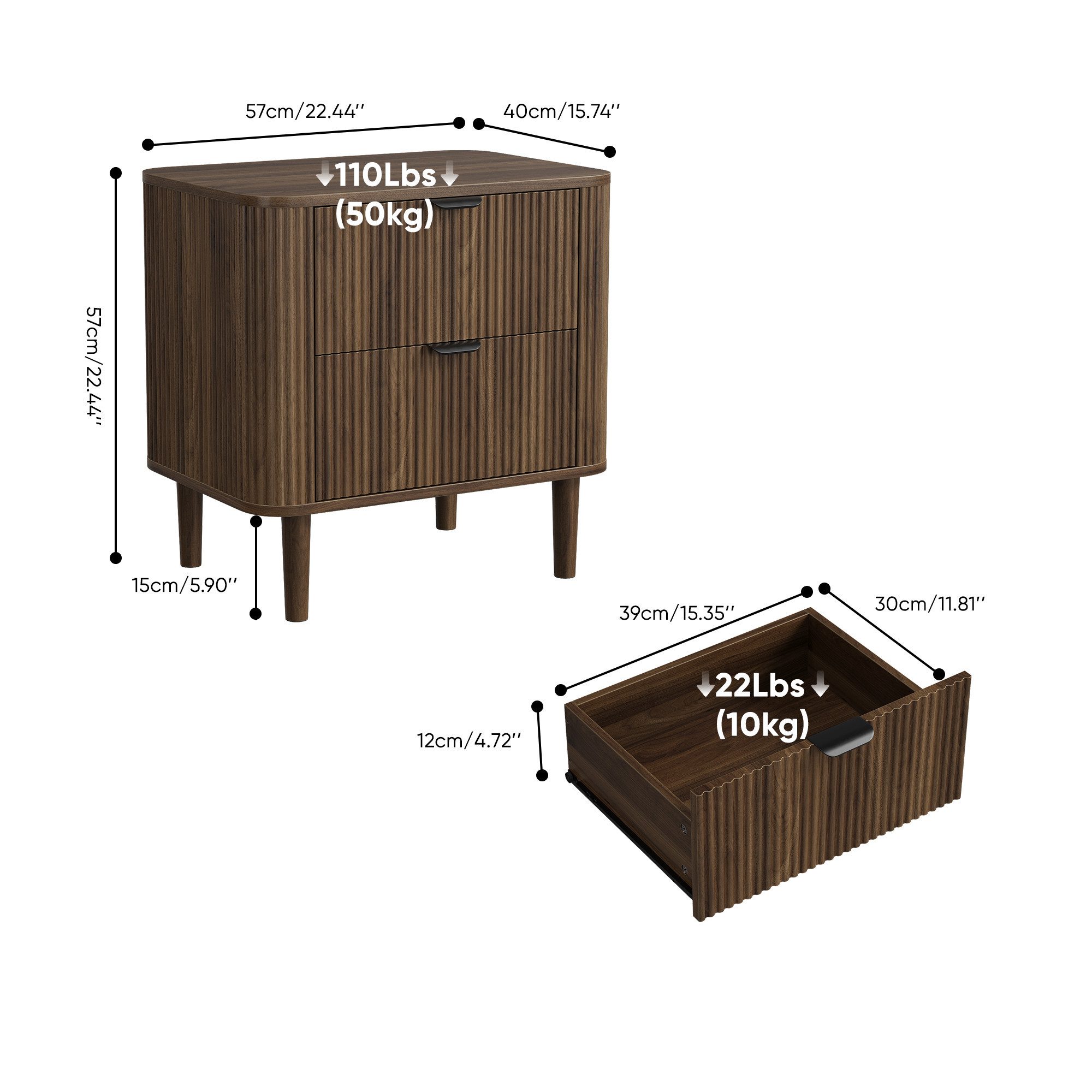 Celya Nachttisch aus Holz mit Rillenstruktur und 2 Schubladen (1er-set, geschwungener Nachttisch, Aufbewahrungsmöbel fürs Schlafzimmer) – Bild 2 von 5