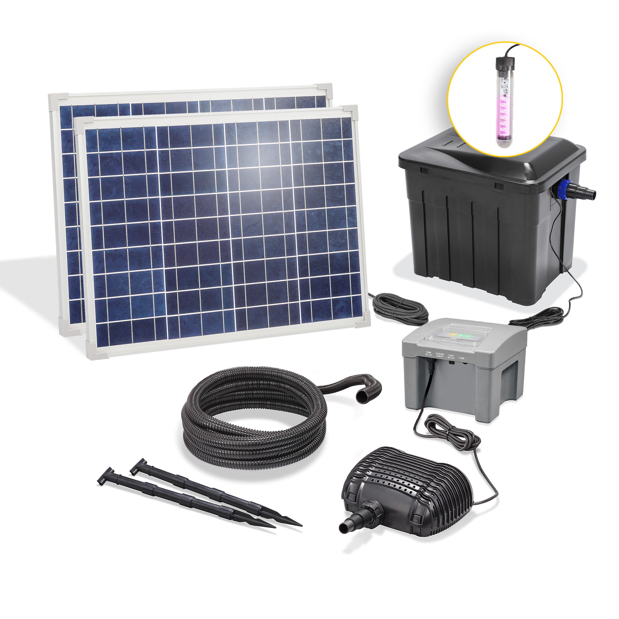 esotec Teichfilter 100/1900 Solar UV-Durchlauffilter-Set + 24Ah LiFePO4-Akku 101072 (Komplettset)