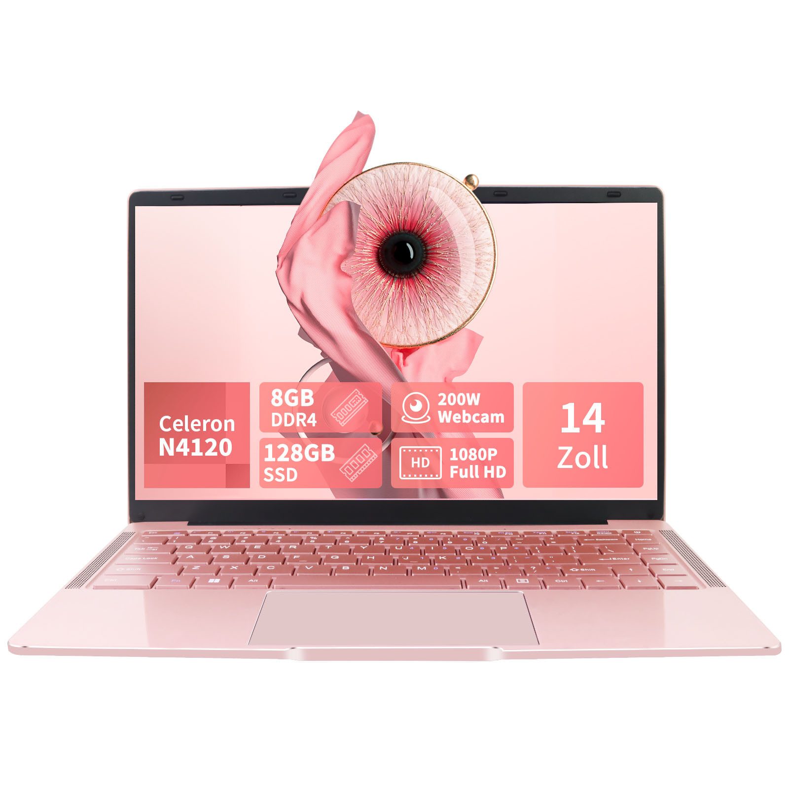 LONGEVINCE 14 Zoll Laptop, 8 GB RAM,DDR4,Ultrabook, Windows 11 Notebook (35,60 cm/14 Zoll, Intel, 128 GB SSD, mit Deutscher Tastaturfolie(Rotgold, 8GB+128G SSD)