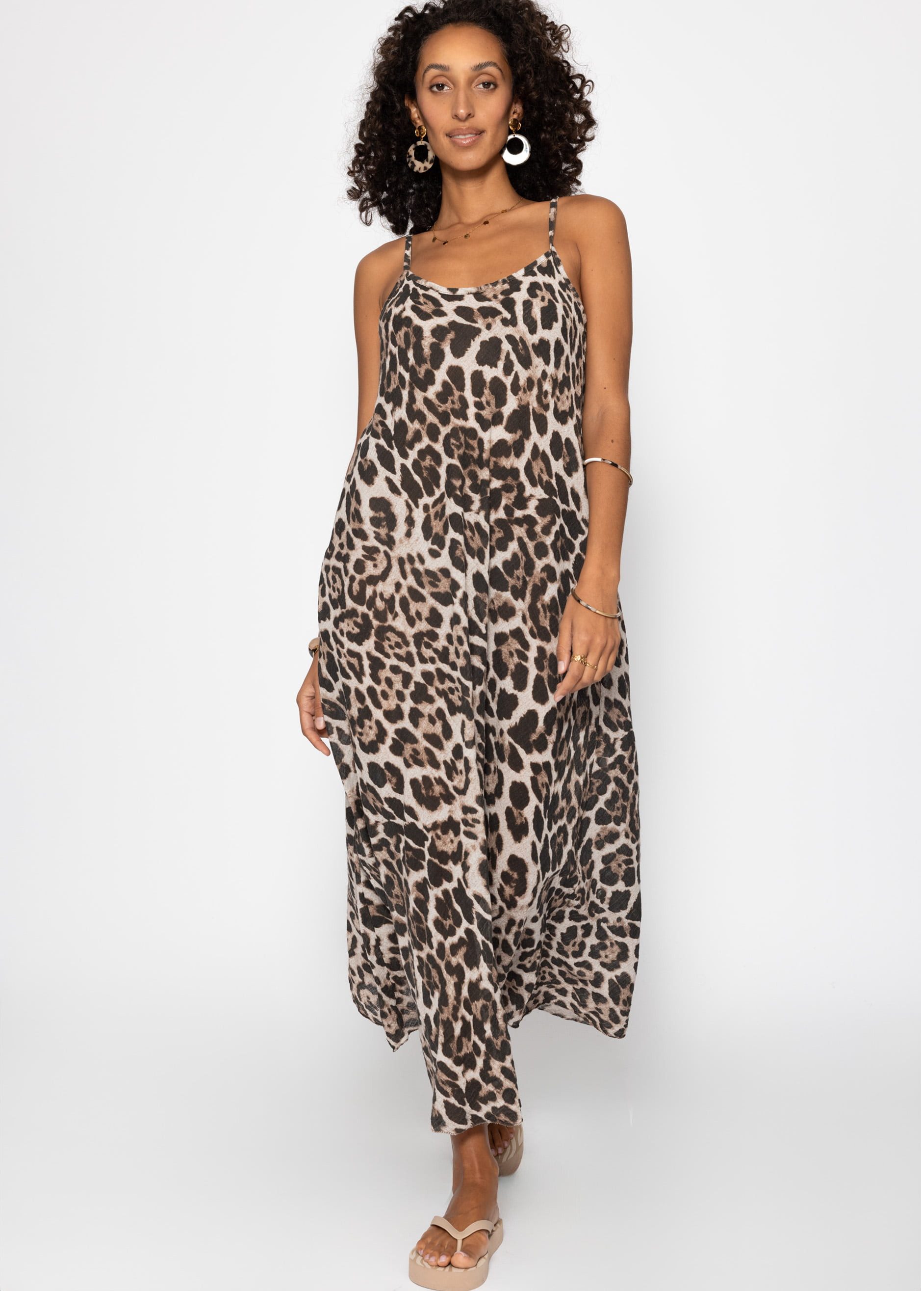 SASSYCLASSY Strandkleid Sommerkleid Damen lang aus transparentem Musselin Fließendes Maxi Musselinkleid ausgestellt aus Baumwolle in Leo Print