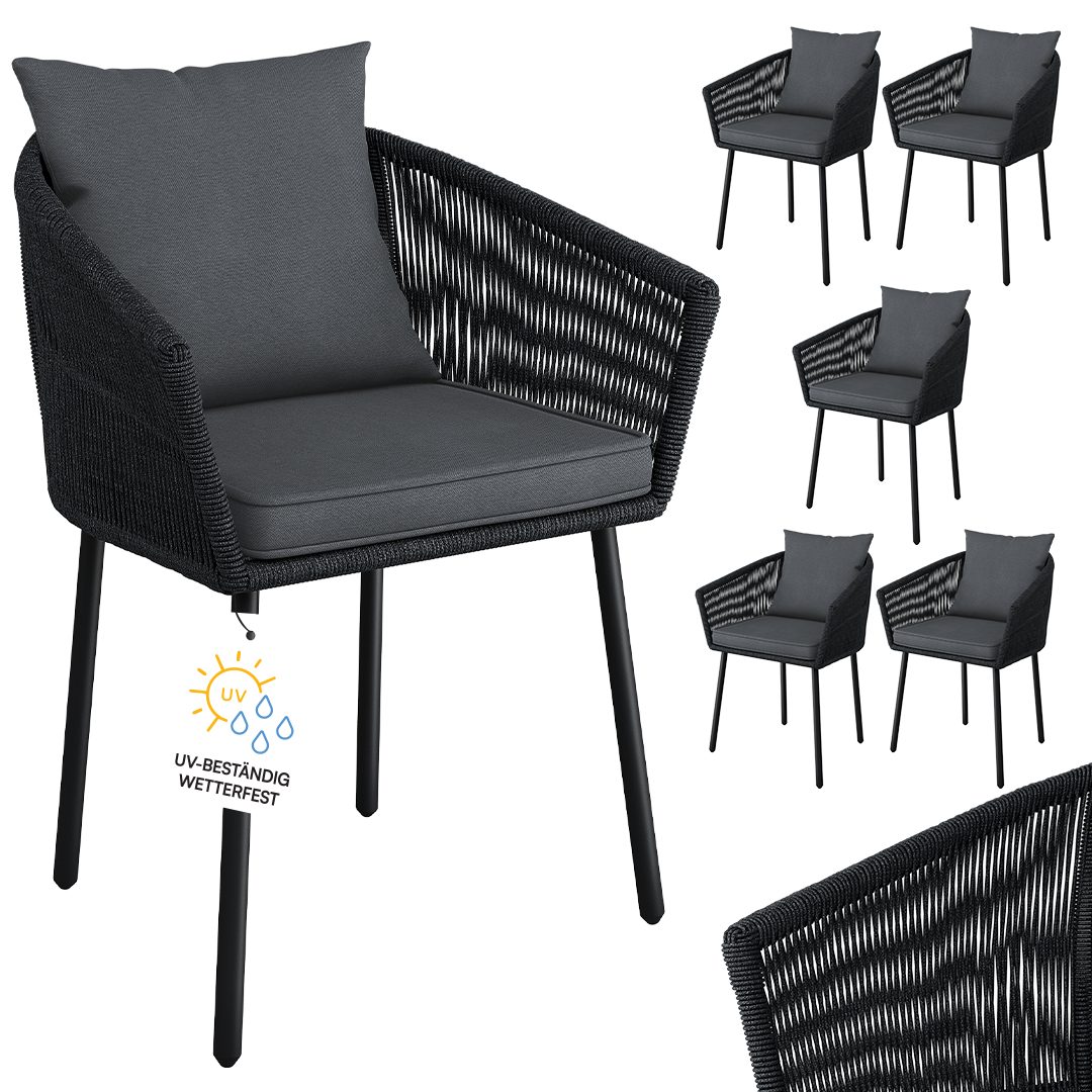 STEELSØN Gartenstuhl Nair mit Sitzauflagen & Kissen (6er Set, schwarz), Gartensessel aus Polyrattan, elastisches Seilgeflecht, wetterbeständig