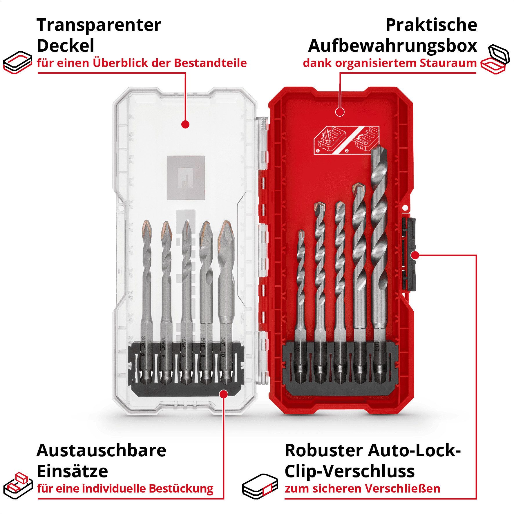 Einhell Bohrer- und Bit-Set Original Einhell S-CASE 10-tlg. HM-Fliesenbohrer-Set (aus Werkzeugstah, (5x Keramikbohrer (5 / 2x 6 / 8 / 10 mm), 5x Steinbohrer (5 / 2x 6 / 8 / 10 mm), 1x Aufbewahrungsbox (17,5 x 8,0 x 3,5 cm), 10-tlg), S-CASE 10-tlg. HM-Fliesenbohrer-Set aus Werkzeugstahl