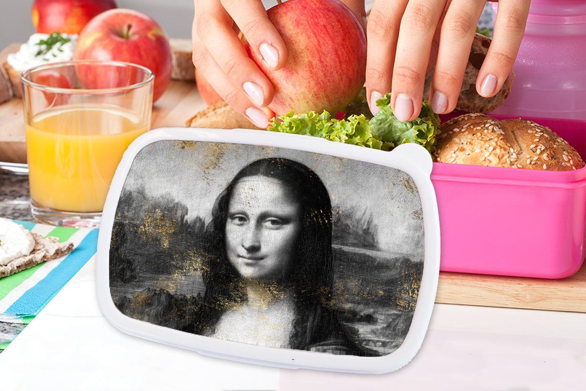 MuchoWow Lunchbox Mona Lisa - Snackbox, - (2-tlg), Brotbox Vinci für Gold, Mädchen, Leonardo rosa Brotdose Kunststoff, Kunststoff da Erwachsene, Kinder