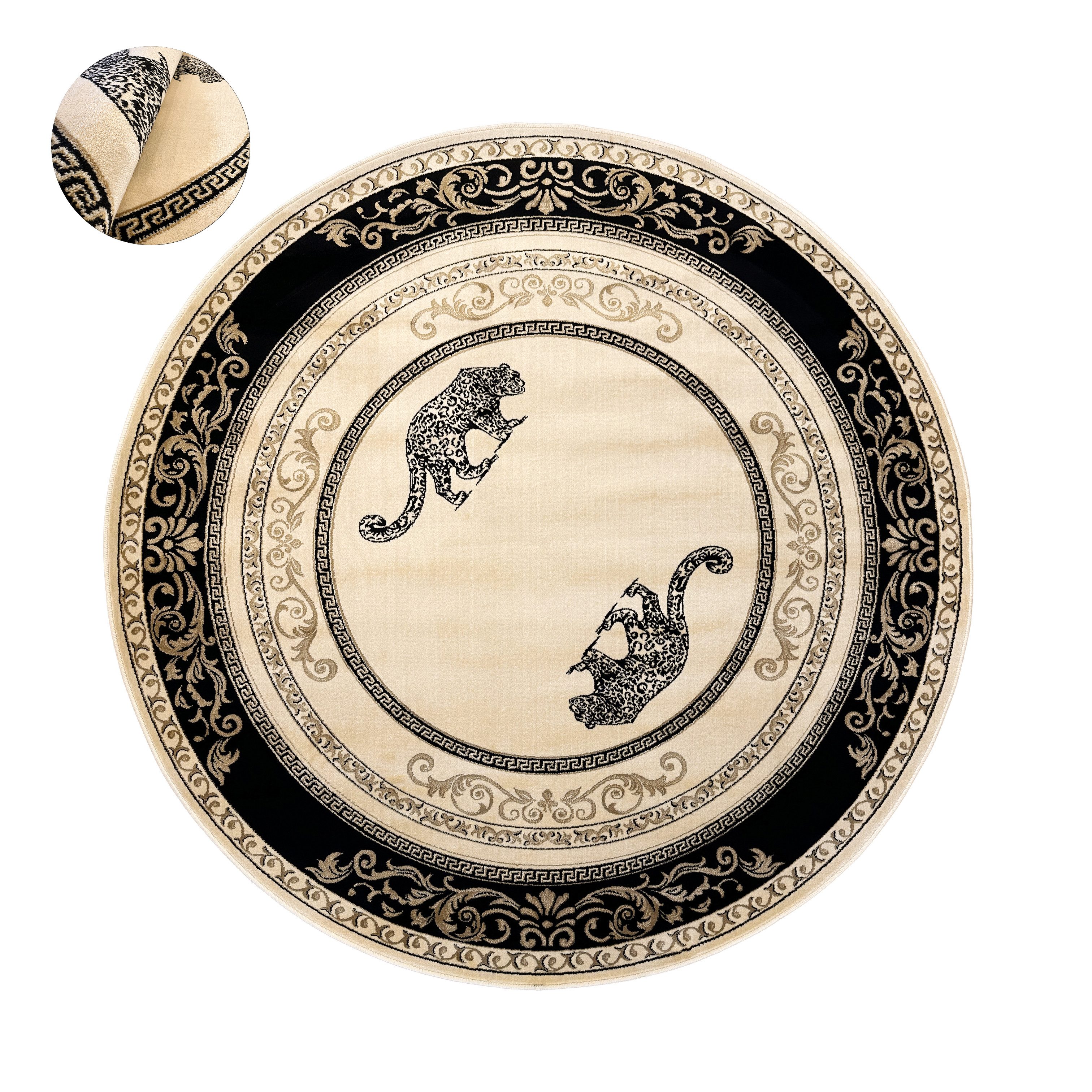 Belle Arti Teppich Runder Teppich Wohnzimmer Jaguar Tiermotiv Schwarz Gold Kurzflor Rund, Rund