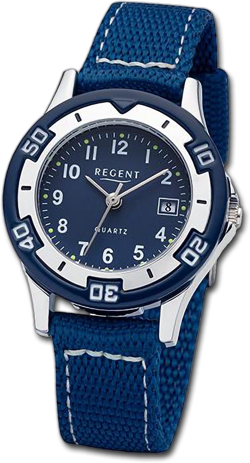 Regent Quarzuhr Regent Damen Armbanduhr Analog, Damenuhr Textilarmband blau, rundes Gehäuse, extra groß (ca. 29mm) | Quarzuhren