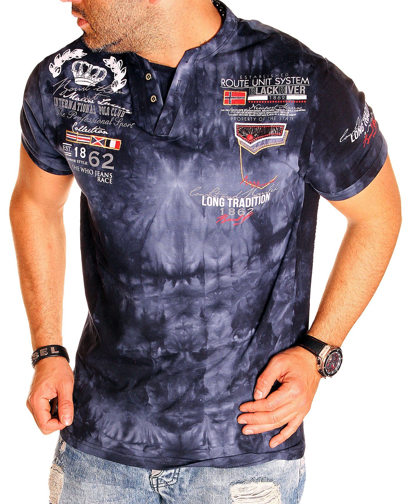 Jaylvis T-Shirt Sommer V-Kragen Freizeit Kurzarm Shirt Navy (2285)