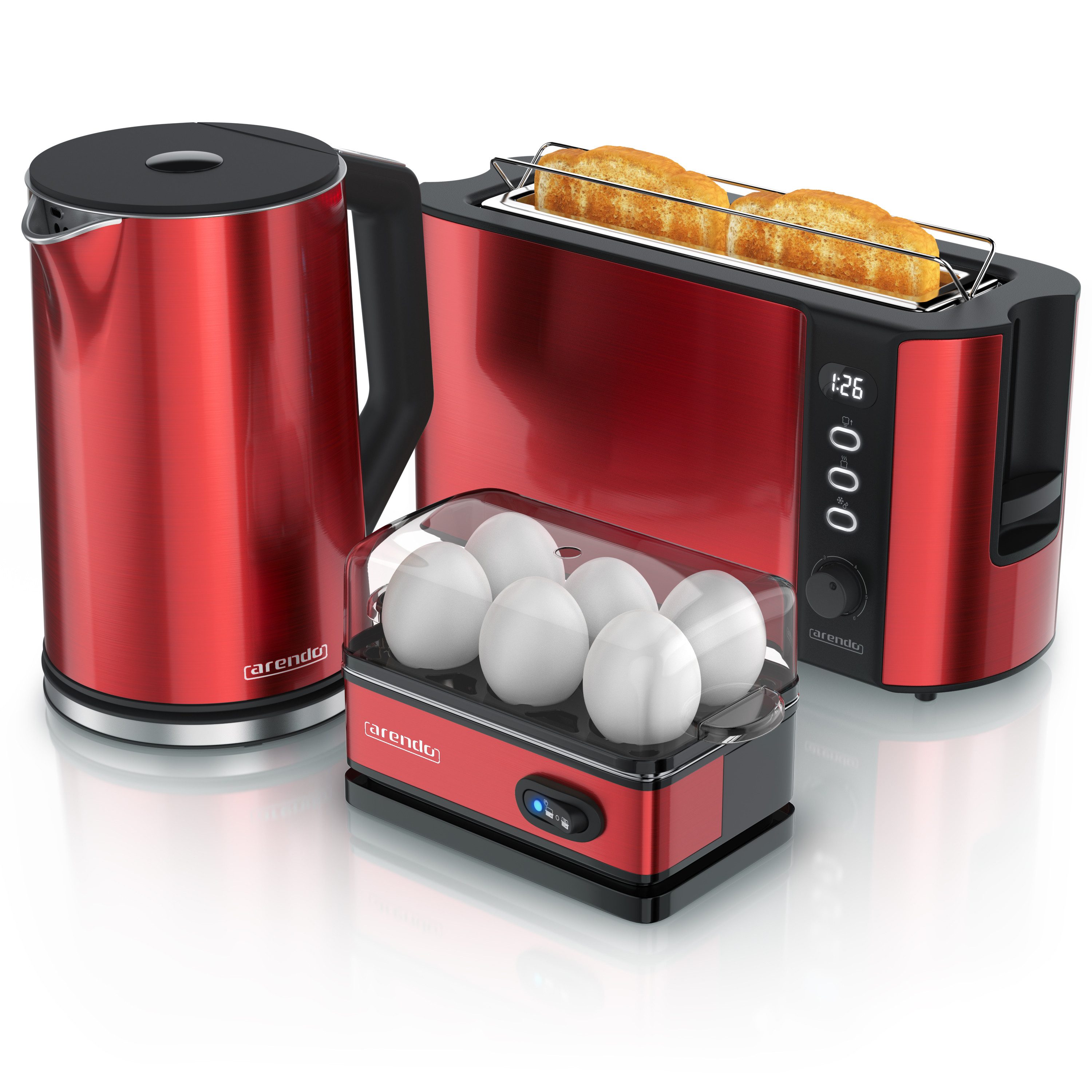 Arendo Frühstücks-Set Edelstahl Wasserkocher 1,5l, Eierkocher 6 Eier, 4-Scheiben Toaster rot (3-tlg), Langschlitz Brötchenaufsatz, Wasserkocher Temperatureinstellung