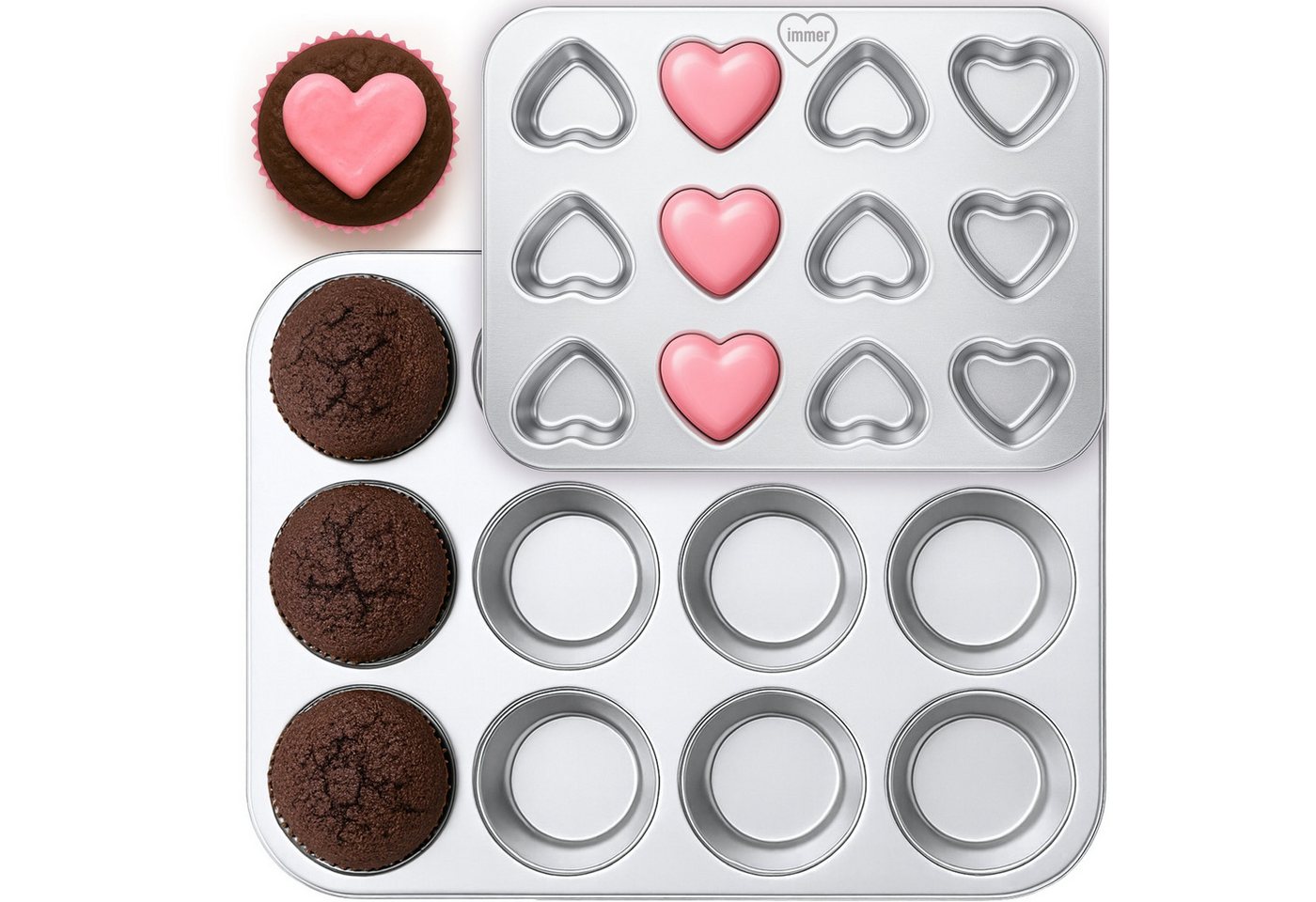 immer Muffinform Edelstahl Backformen: Muffinblech 12 Muffins/Cupcakes & Herz-Mini-Form, (Muffinblech-Set 2-tlg)