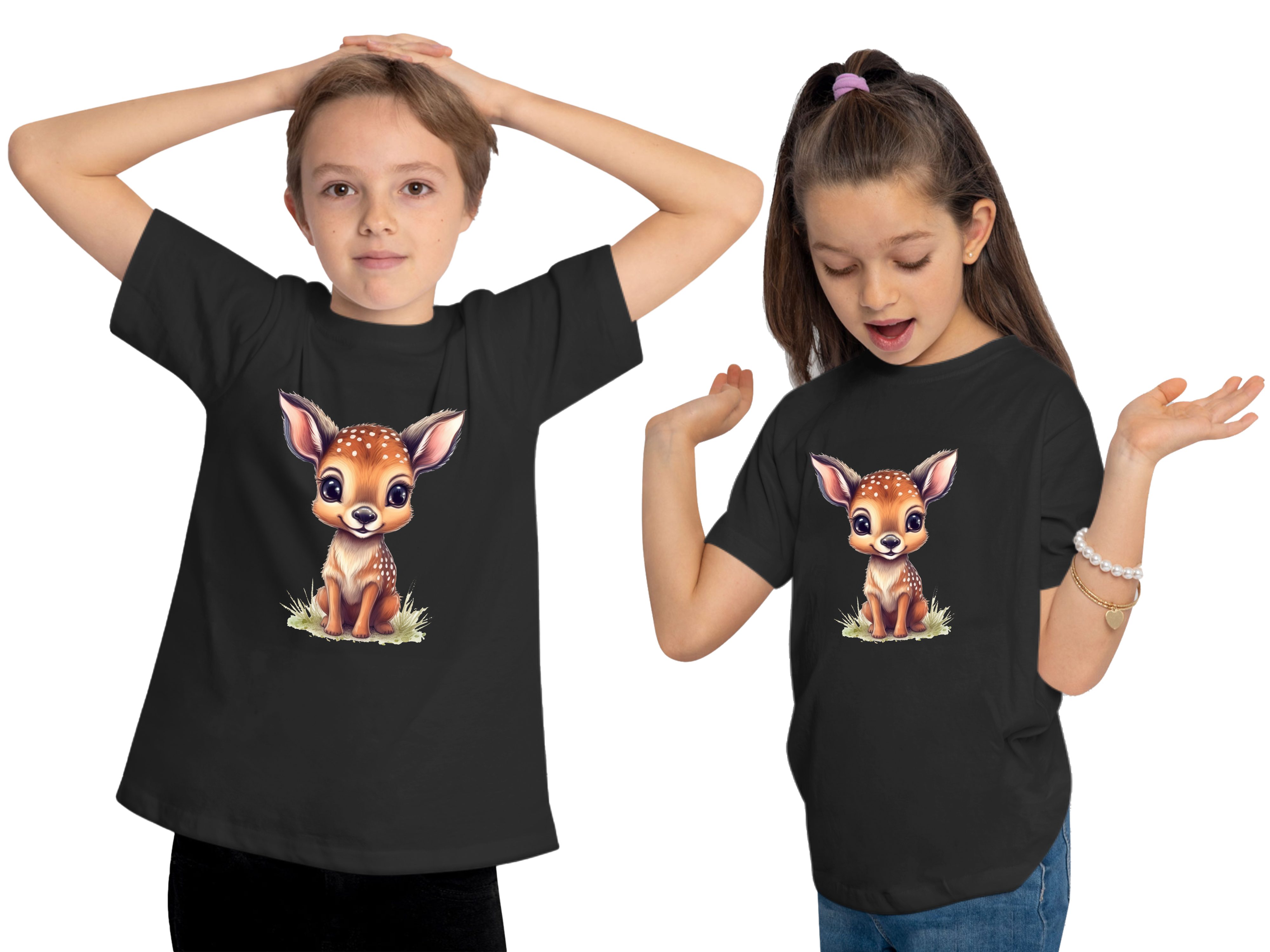 Baby Print Rehkitz Wildtier mit Reh T-Shirt schwarz bedruckt Shirt MyDesign24 Kinder - i269 Aufdruck, Baumwollshirt