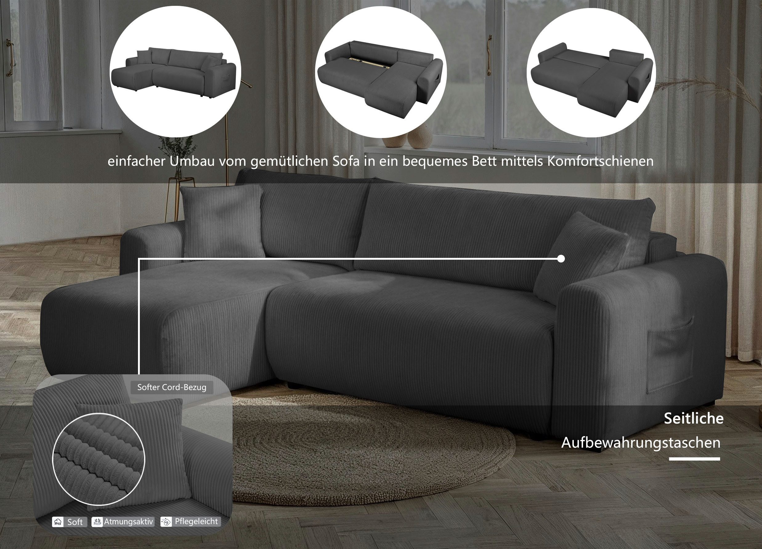 OTTO home Ecksofa JONAA L-Form, 241cm - OTTO. Verlässliche Qualität., Schlaffunktion(133/200), Bettkasten, Cord, Struktur, Unser Tiefpreis