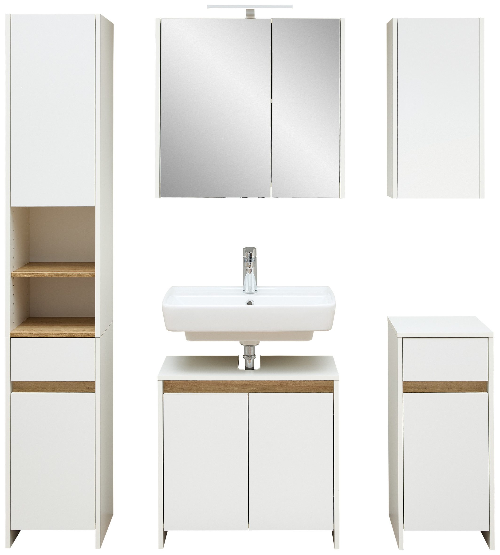 Saphir Badmöbel-Set Quickset 100, Waschbeckenunterschrank mit Spiegelschrank, (5-St), Badezimmer-Set mit Unterschrank, Hängeschrank und Hochschrank in Weiß