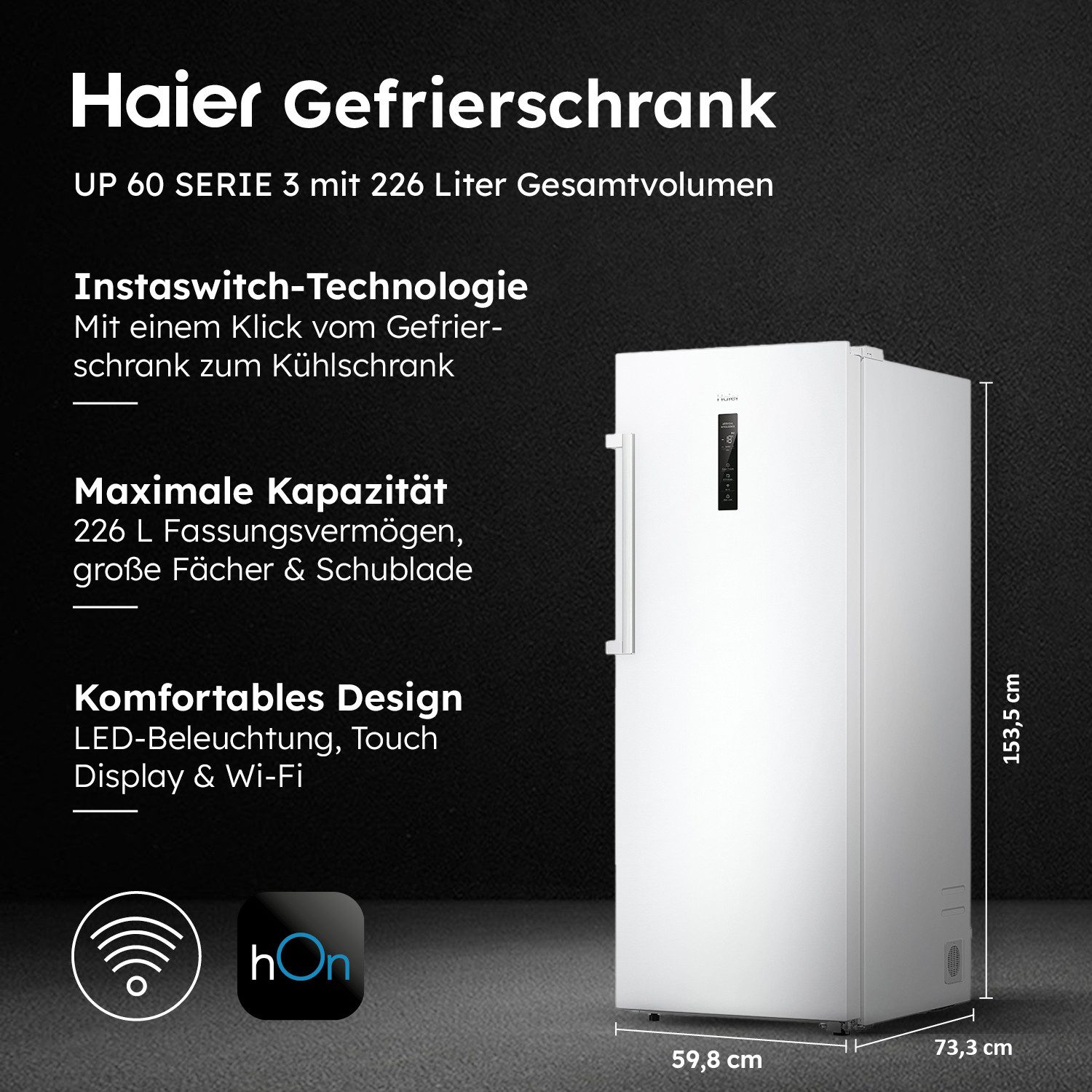 Haier Gefrierschrank Upright Freezer H4F226WDH1, 153,5 cm hoch, 60 cm breit, 178 cm hoch, 60 cm breit, no Frost, Twist Ice Maker
