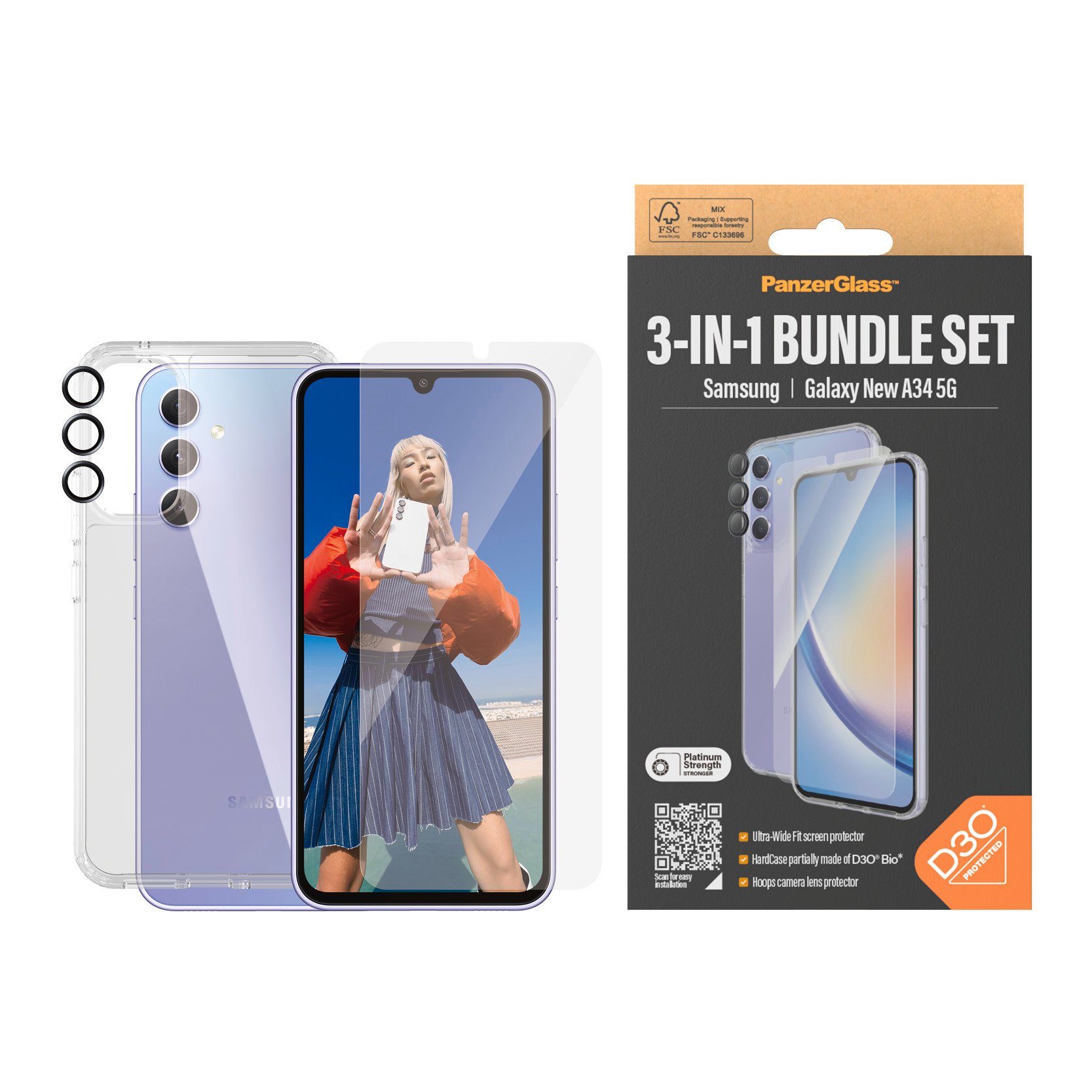 PanzerGlass Displayschutzglas 3-in-1 Bundle Set für Samsung Galaxy A34 5G, UWF für Samsung Galaxy A34 5G