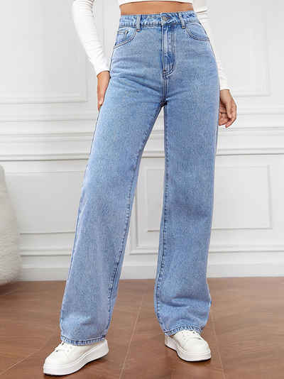 ZWY Gerade Jeans Straight-Jeans Damen Hoher Taille Jeanshosen, Workerjeans (1-tlg., Wide Leg Schlaghose Baggy Cargo Pants, Blau (1-tlg)