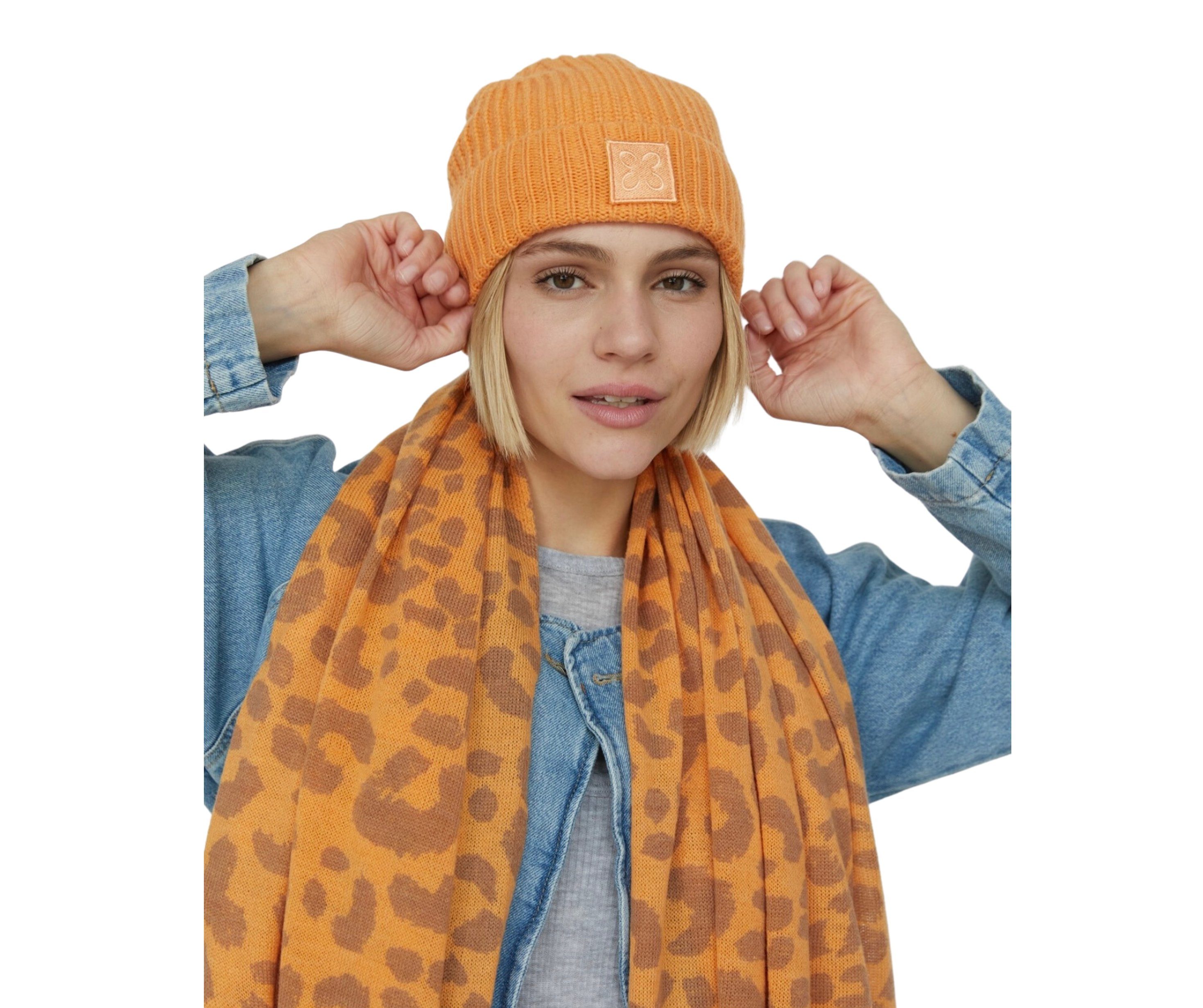 Umschlag orange breitem mit mit Innenfleece Damen Mütze Strickmütze und Codello Codello Logo