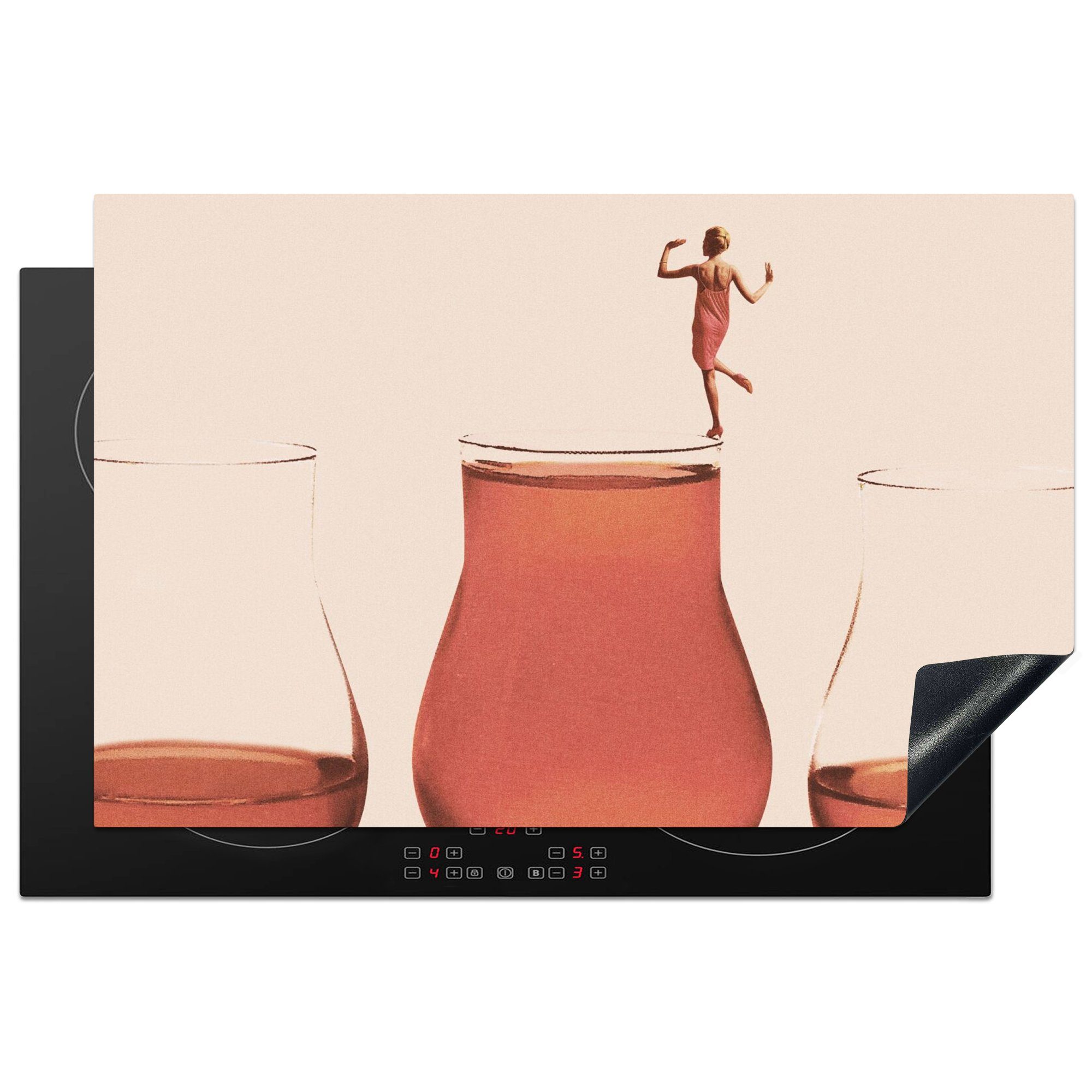MuchoWow Herdblende-/Abdeckplatte Frau - Wein - Jahrgang, Vinyl, (1 tlg), 81x52 cm, Induktionskochfeld Schutz für die küche, Ceranfeldabdeckung