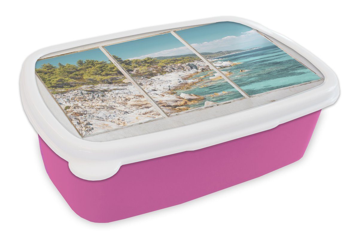 MuchoWow Lunchbox Aussicht - Meer - Strand, Kunststoff, (2-tlg), Brotbox für Erwachsene, Brotdose Kinder, Snackbox, Mädchen, Kunststoff rosa