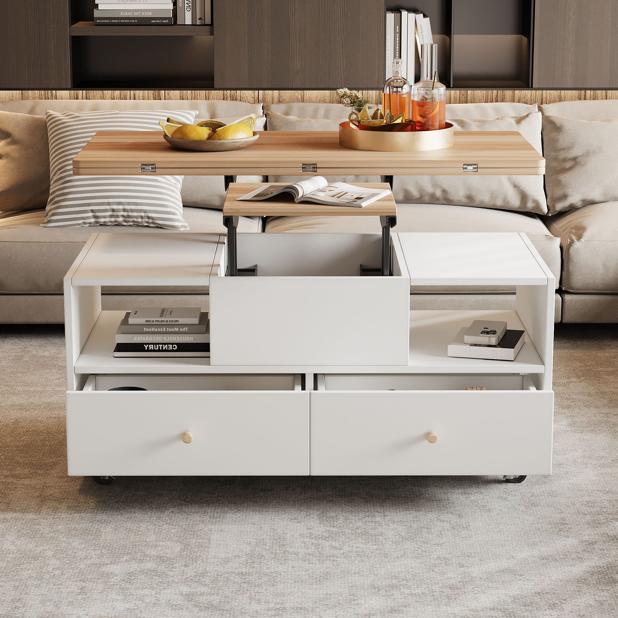 REDOM Couchtisch Höhenverstellbarer Sofatisch (Höhenverstellbarer Wohnzimmertisch, 1-St., mit 4 Schubladen), mit Klappfunktion und ein kleiner Hydraulik-Hubtisch