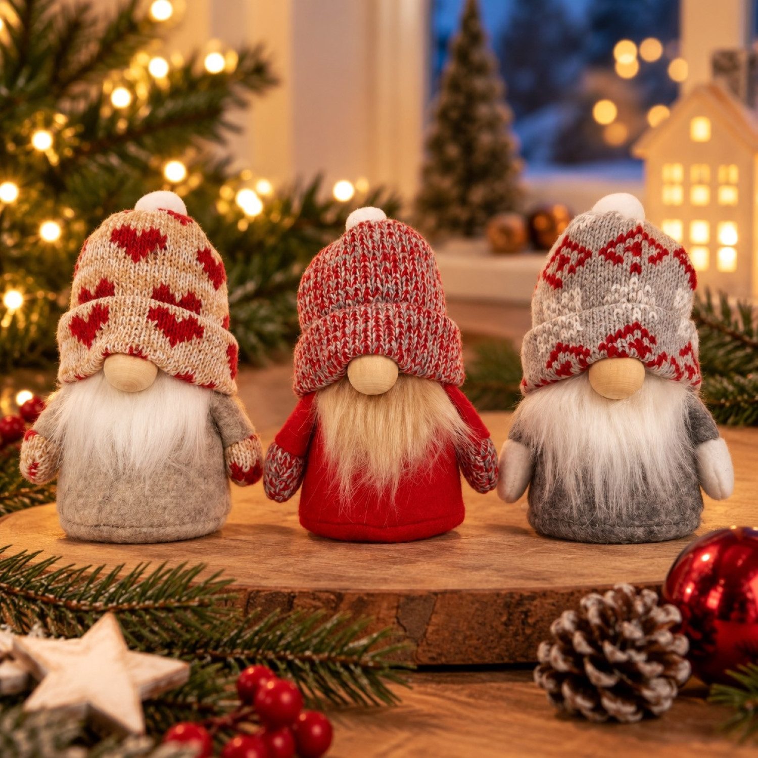 Online-Fuchs Dekofigur kleine Weihnachtswichtel mit Pudelmütze - Deko Winter & Weihnachten (3er oder 6er Set wählbar, harmonische Kombination aus Rot, Grau und Weiß Tönen), inklusive Juteschnur zum Aufhängen als Weihnachtsbaumschmuck - W8