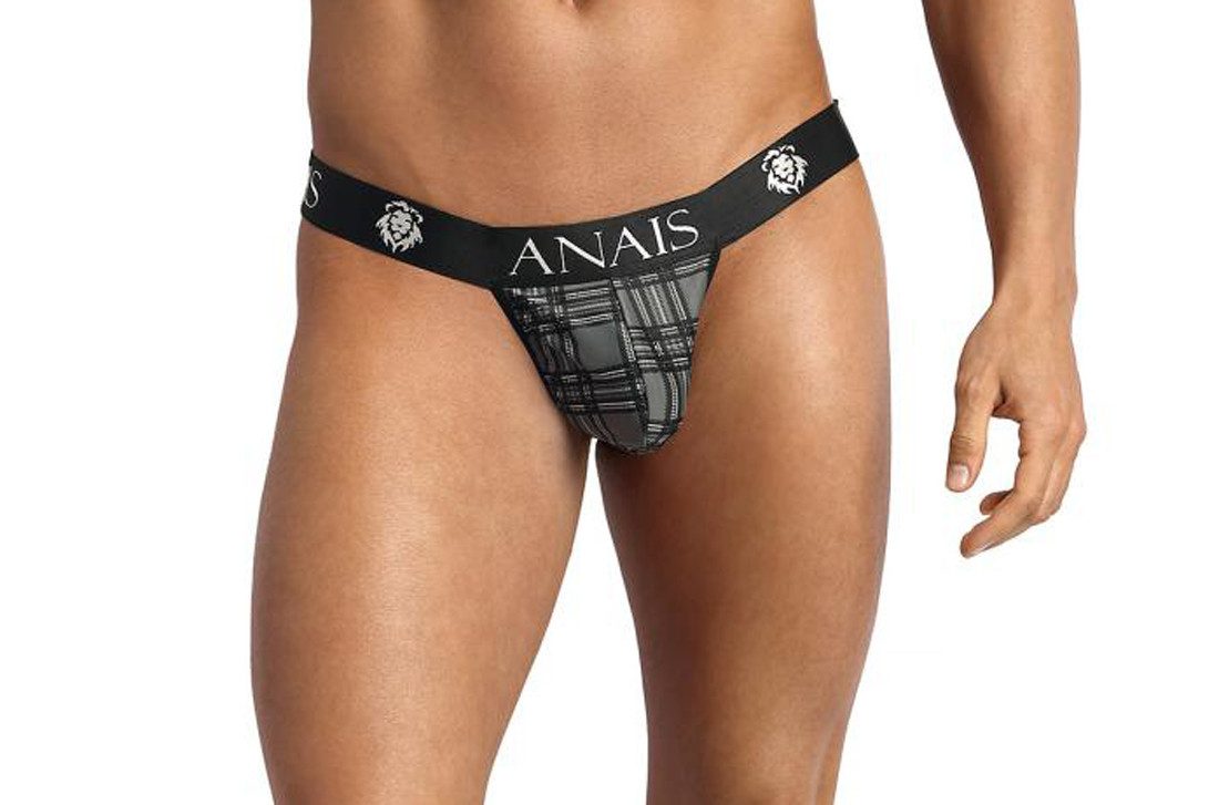 String Schwarz grau karierter Dessous Herren Jock Strap aus glattem halbtrans