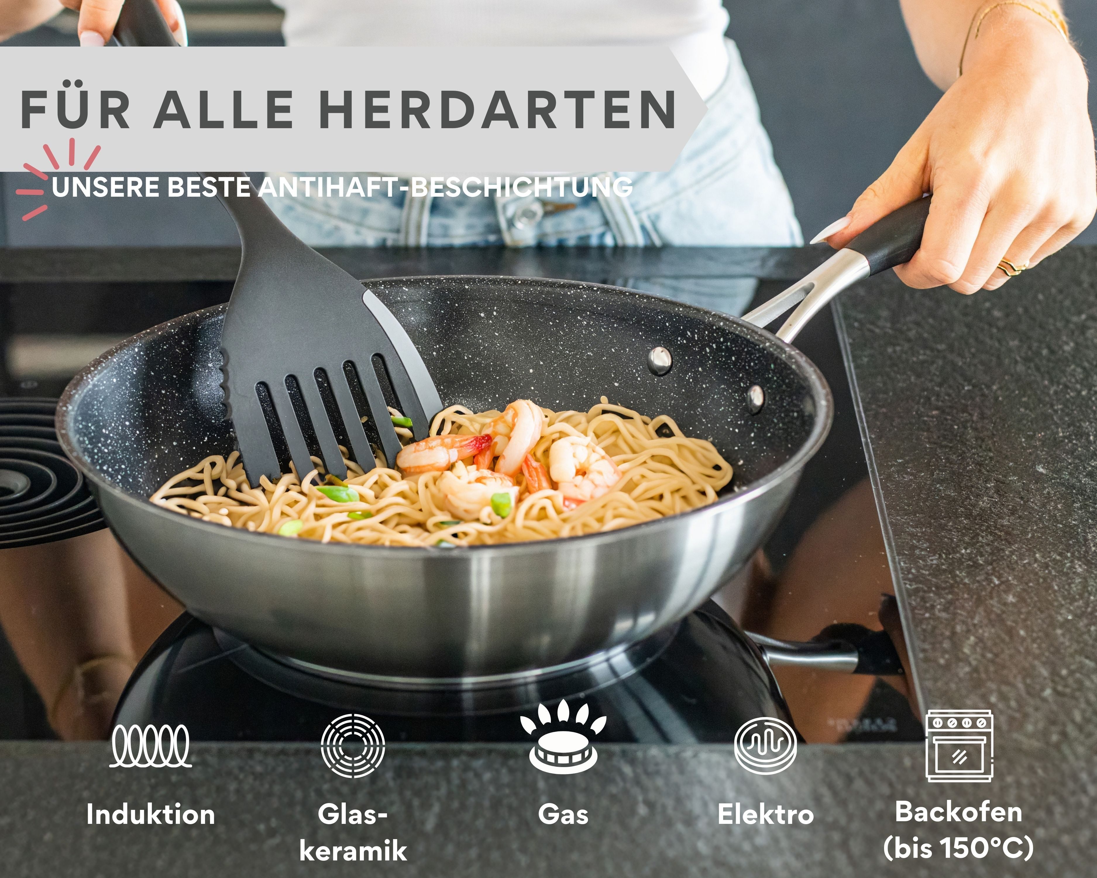 divory Wok Wokpfanne, Edelstahlpfanne beschichtet, Induktion (28 cm), Edelstahl, Induktion, Antihaftbeschichtung