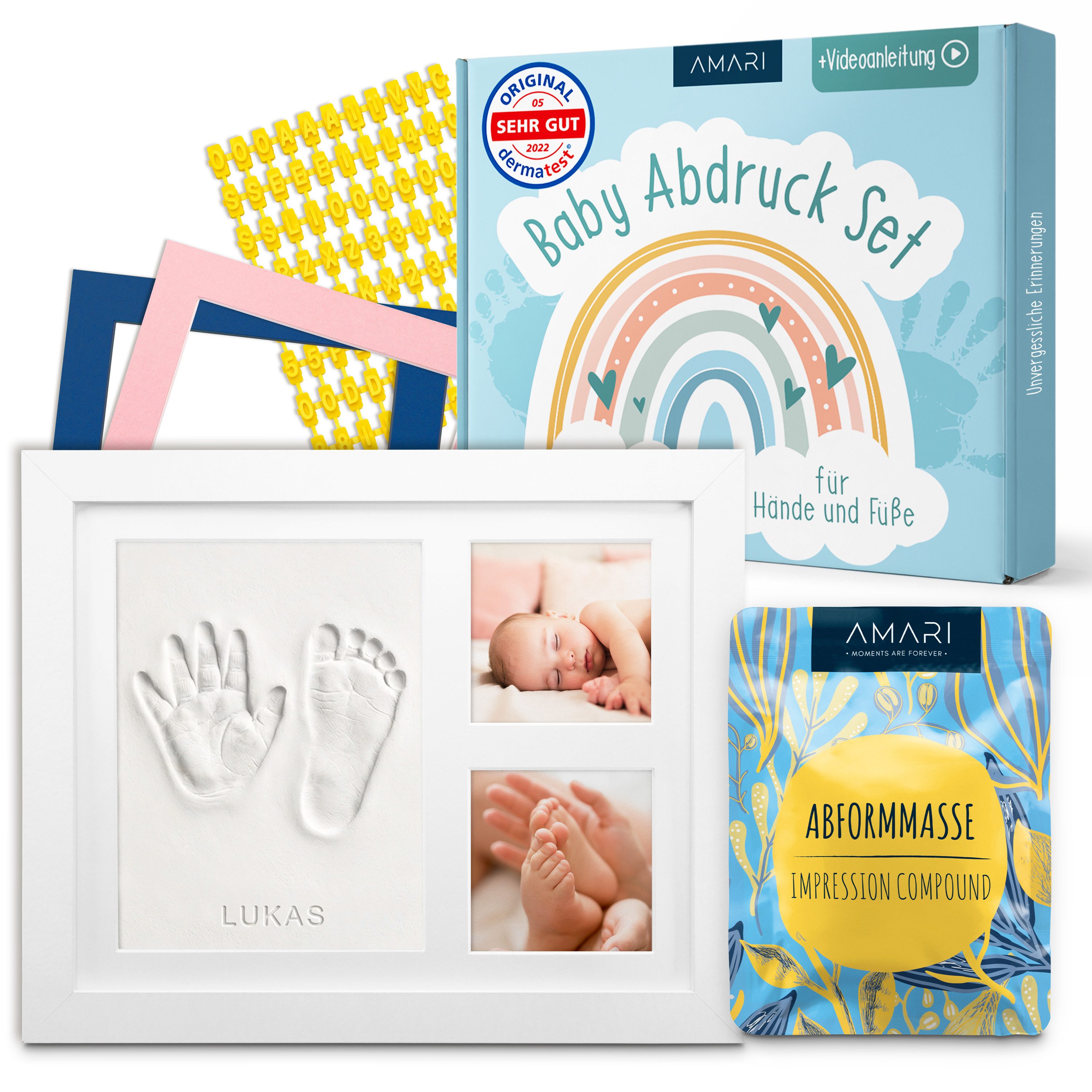 Amari Handabdruck-Set Baby Fußabdruck Set mit Holz-Bilderrahmen & Abdruckmasse, Komplettset mit Videoanleitung, ohne Anrühren, 3 Passepartouts in Weiß, Rosa & Blau, Buchstaben- & Zahlenset, Geschenk zur Geburt, Taufe & Babyparty, Name & Datum einprägen
