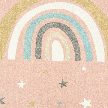 Kinderteppich Kinderzimmerteppich Regenbogen mit Sternen in Rosa, Teppich-Traum, rechteckig, Höhe: 9 mm