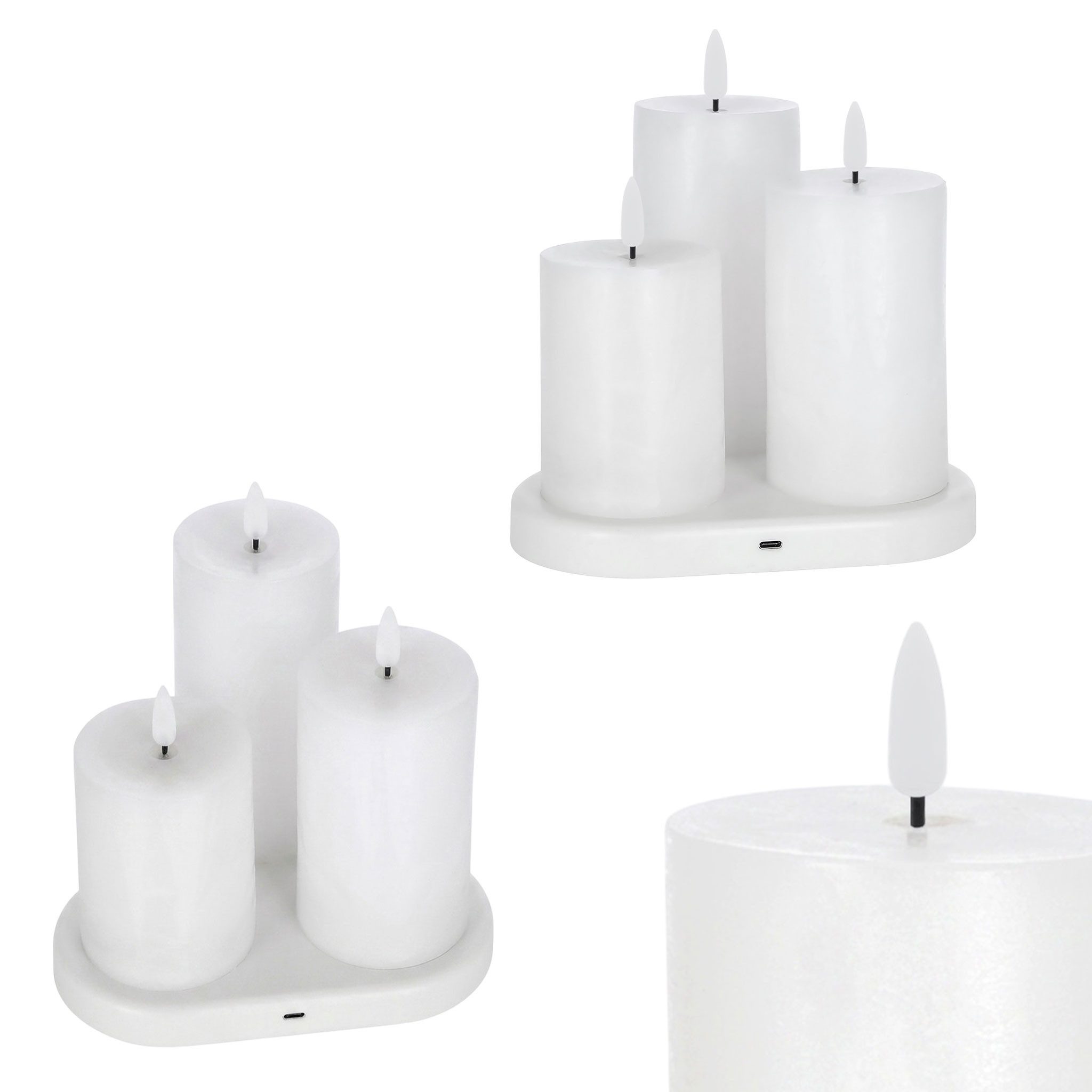 Spetebo LED-Kerze 3er Set Echtwachs Kerze wiederaufladbar mit Ladestation (Anzahl, 1-tlg.,15 / 12 / 10 cm), Künstliche Stumpenkerze mit Flammen Effekt Akku betrieben