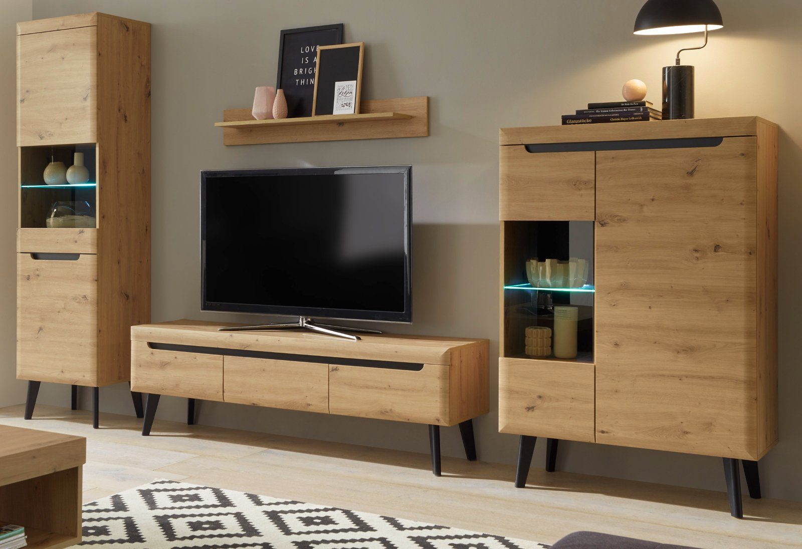Furn.Design Wohnwand Ronson, (in Artisan Eiche mit schwarz, 4-teiliges Set, 340 x 197 cm), skandinavisches Design