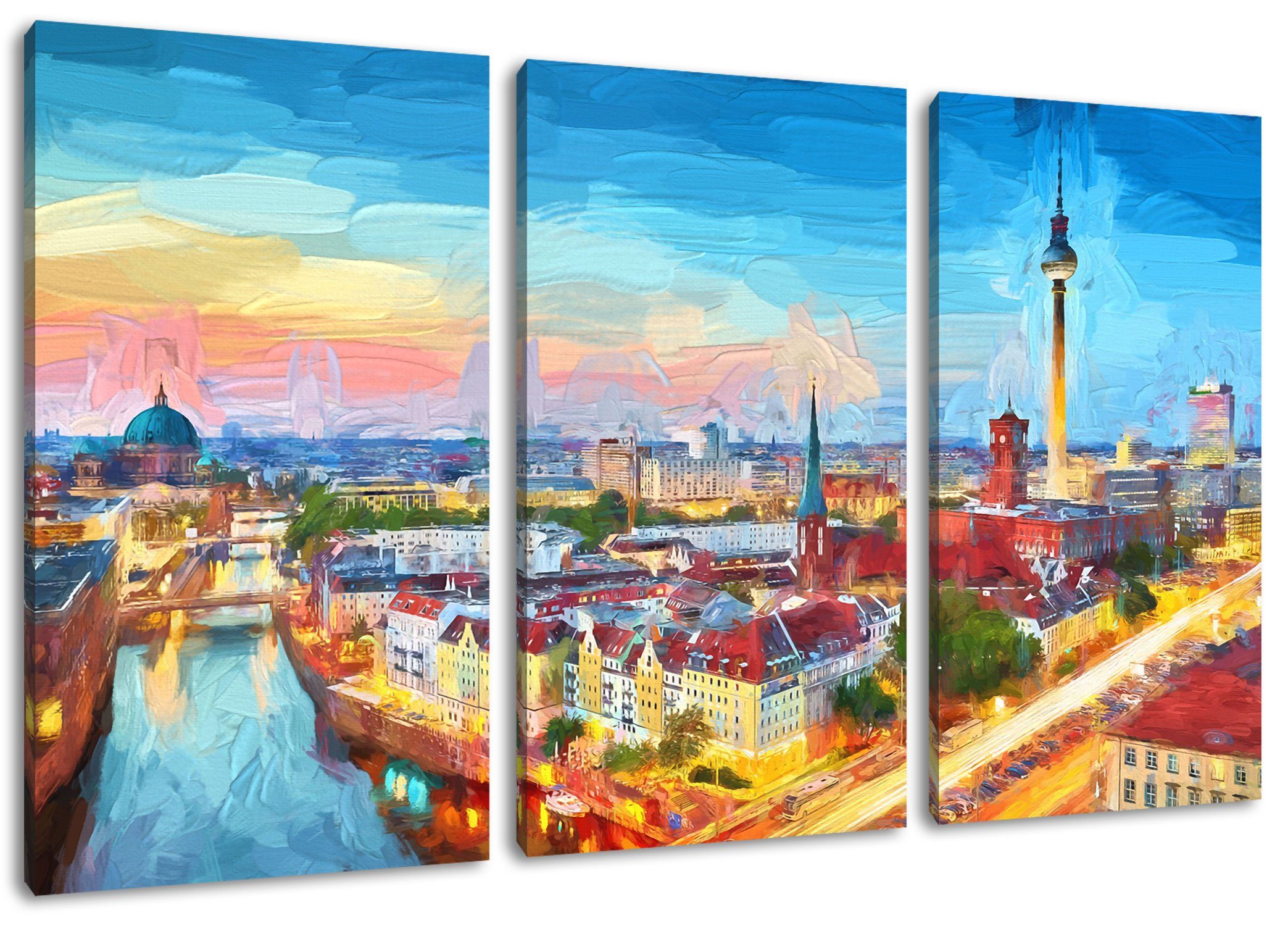 Pixxprint Leinwandbild Berlin City Panorama Kunst, Berlin City Panorama Kunst 3Teiler (120x80cm) (1 St), Leinwandbild fertig bespannt, inkl. Zackenaufhänger