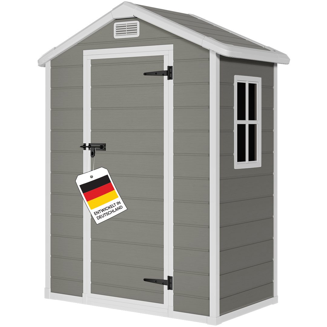 STEELSØN Gerätehaus Novara Gartenhaus mit Bodenplatte, wetterfest, Schuppen inkl. Fenster, Grau, Geräteschuppen mit Satteldach M, Gartenschuppen aus Kunststoff