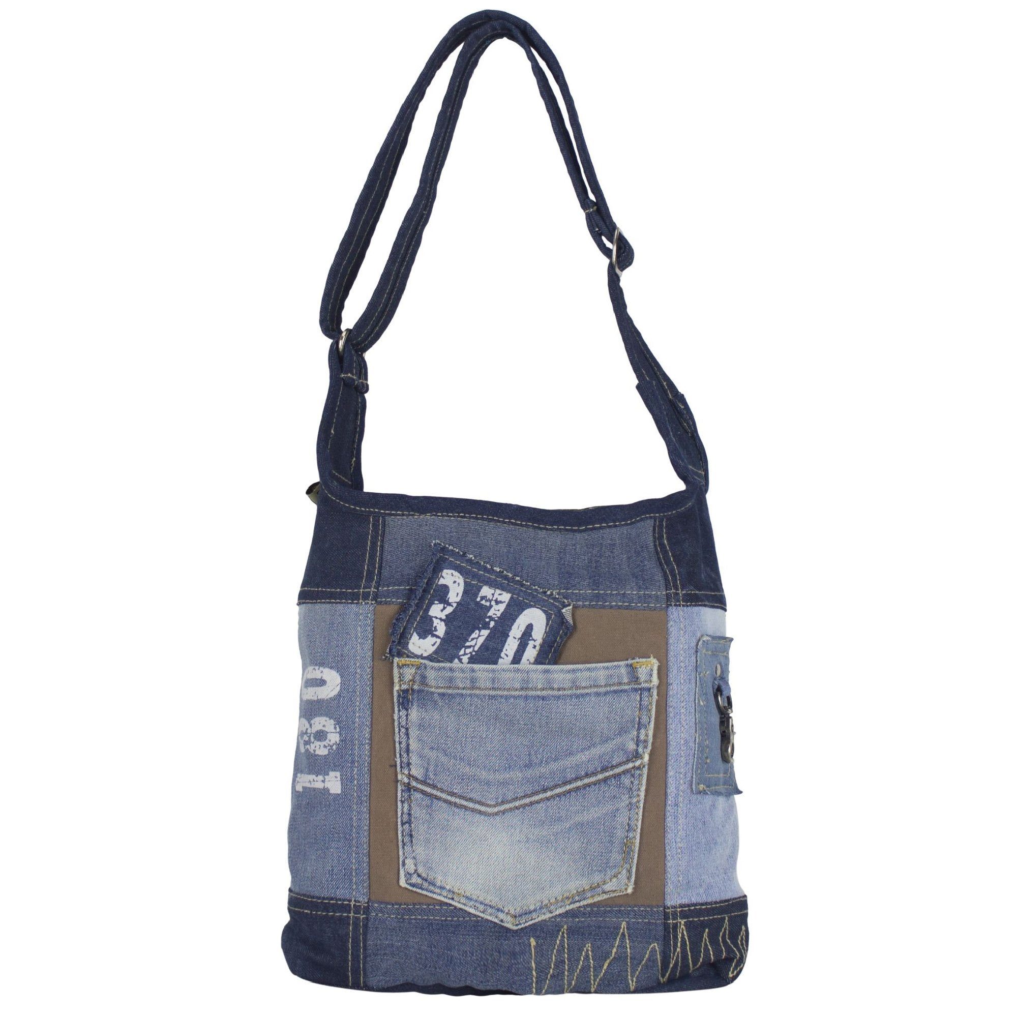 Sunsa Umhängetasche Hobo Tasche. Umhängetasche aus recycelte Jeans und braune Canvas. Schultertasche für Sie/ Ihn, Aus recycelten Materialien