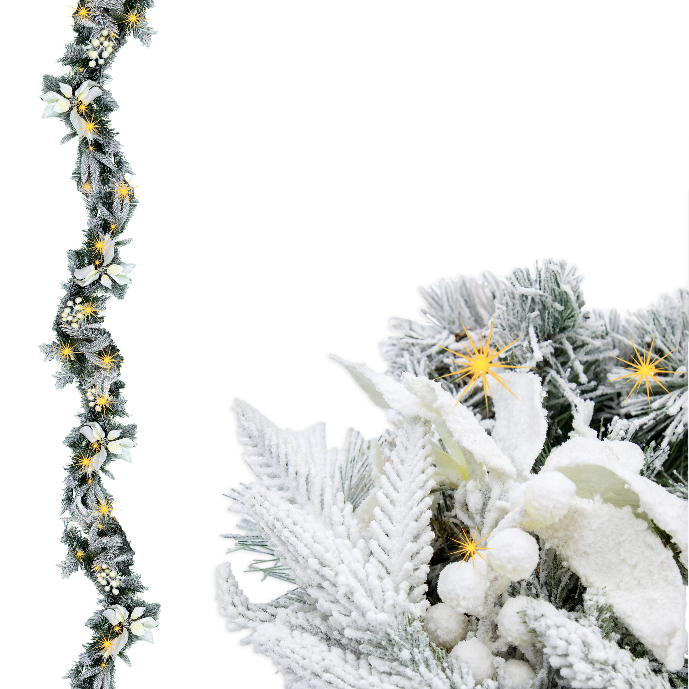 Spetebo Гірлянда декоративна Weihnachtsgirlande oder -Kranz mit Schnee und weißen Blumen (1-tlg), mit Timer Funktion