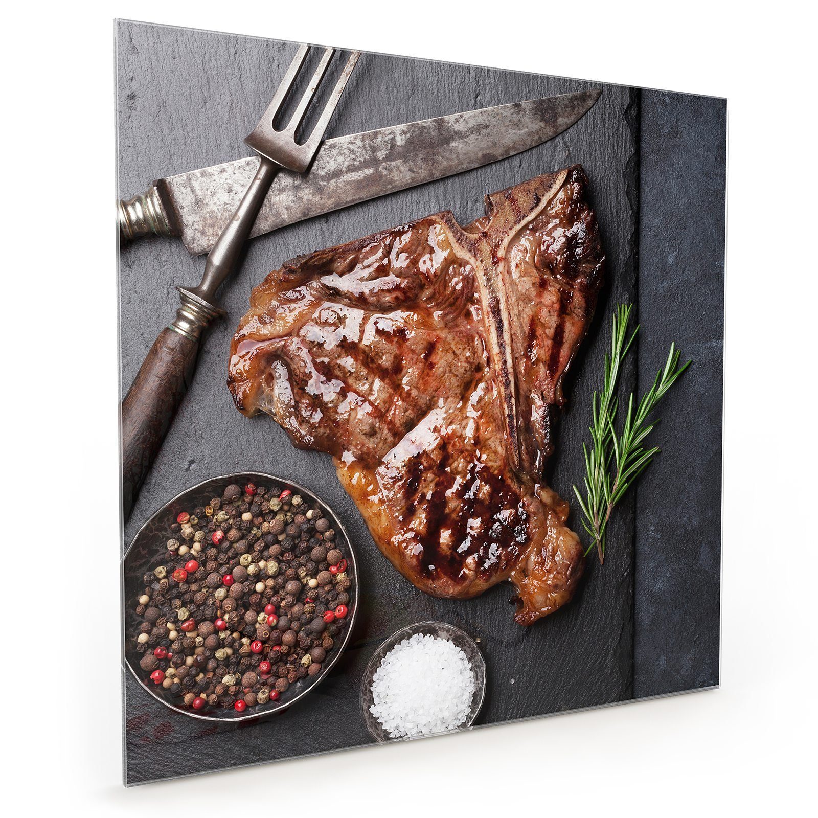 Primedeco Küchenrückwand Küchenrückwand Spritzschutz Glas mit Motiv Gegrilltes T-Bone Steak