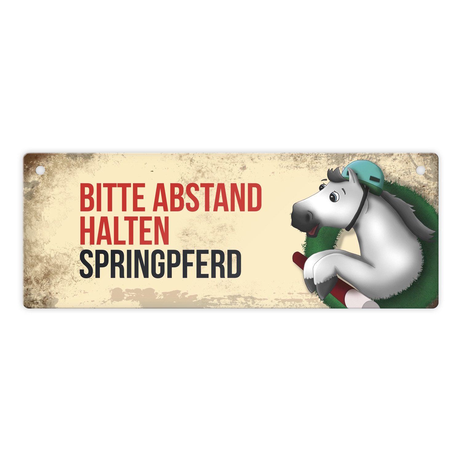 Metallschild Metallschild mit weißem Springpferd Motiv und Spruch: Bitte Abstand