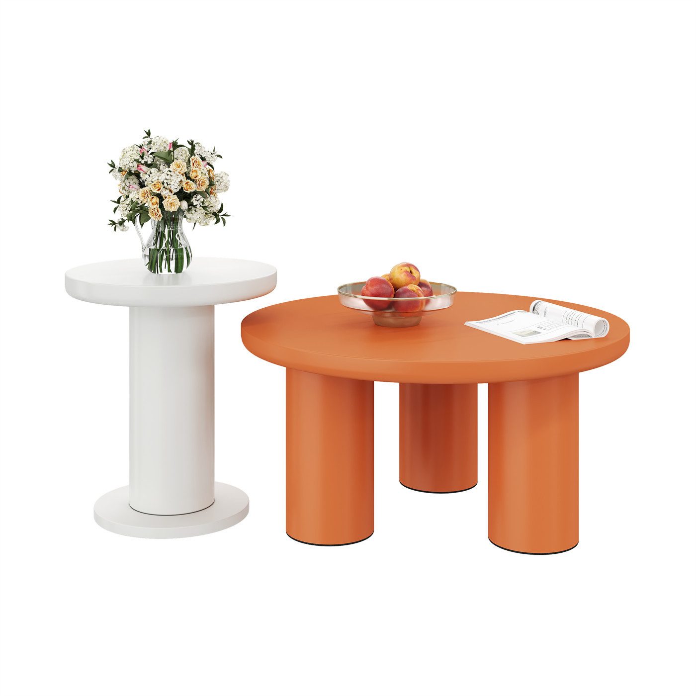 autolock Couchtisch Rundes Couchtisch-Set,lackierte MDF-Platte und PVC-Beine,Sofatisch, Couchtisch-Set in Kombination im cremefarbenen Stil, Beistelltisch
