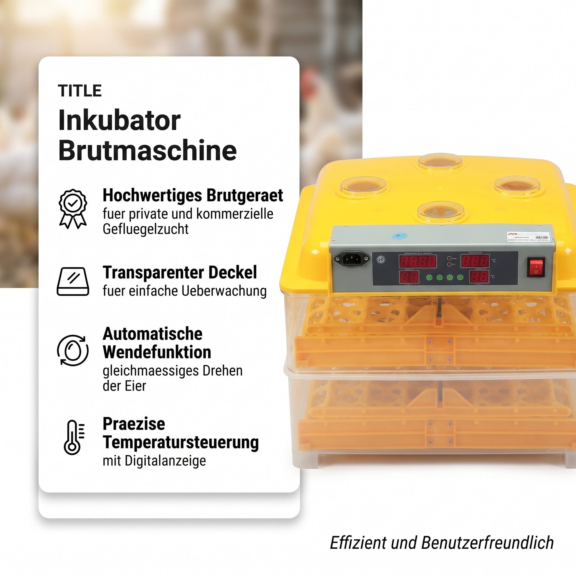 Mucola Hühnerstall Inkubator 96 Eier Brutapparat Brutkasten Brutmaschine Brutschrank, Automatisches Wendesystem + Temperatursteuerung