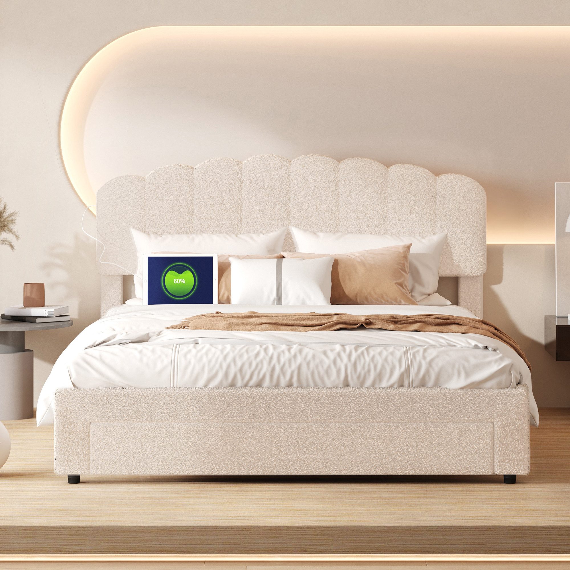 ADWOLT Polsterbett Doppelbett Stauraumbett mit USB+TYPE-C (Packung, 1-tlg., Jugendbett), 140x200 cm,Gepolstert,Schublade am Ende des Bettes,Plüschstoff-Beige – Bild 2 von 5