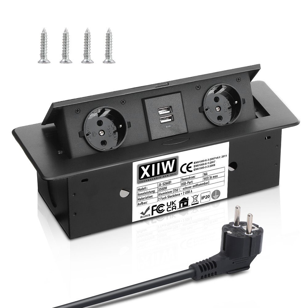 XERSEK 1.8m Kabel + Netzteil Versenkbar Einbausteckdose Alu Tischsteckdose Einbau-Tischsteckdose (2Fach +2USB, 3500W/16A Tischplatte, Bodensteckdose), Aluminium Steckdosenleiste für Möbel, Büro, Küche