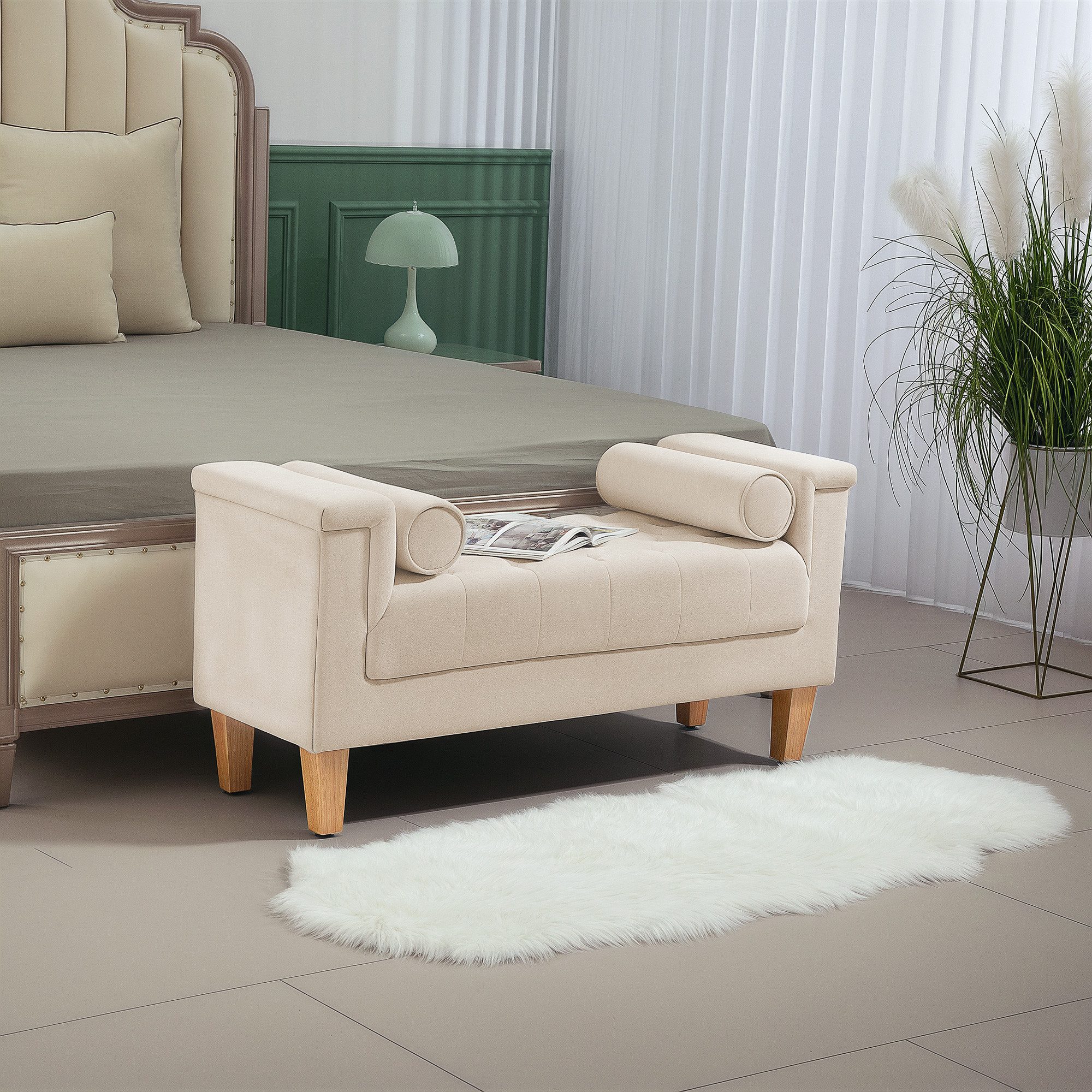 HOMCOM Polsterbank Sitzbank mit Chenille-Bezug, Armlehne, Bettbank (Bettbank, 1-St., Schuhbank), für Schlafzimmer, Wohnzimmer, Flur 115 x 44 x 58 cm Beige