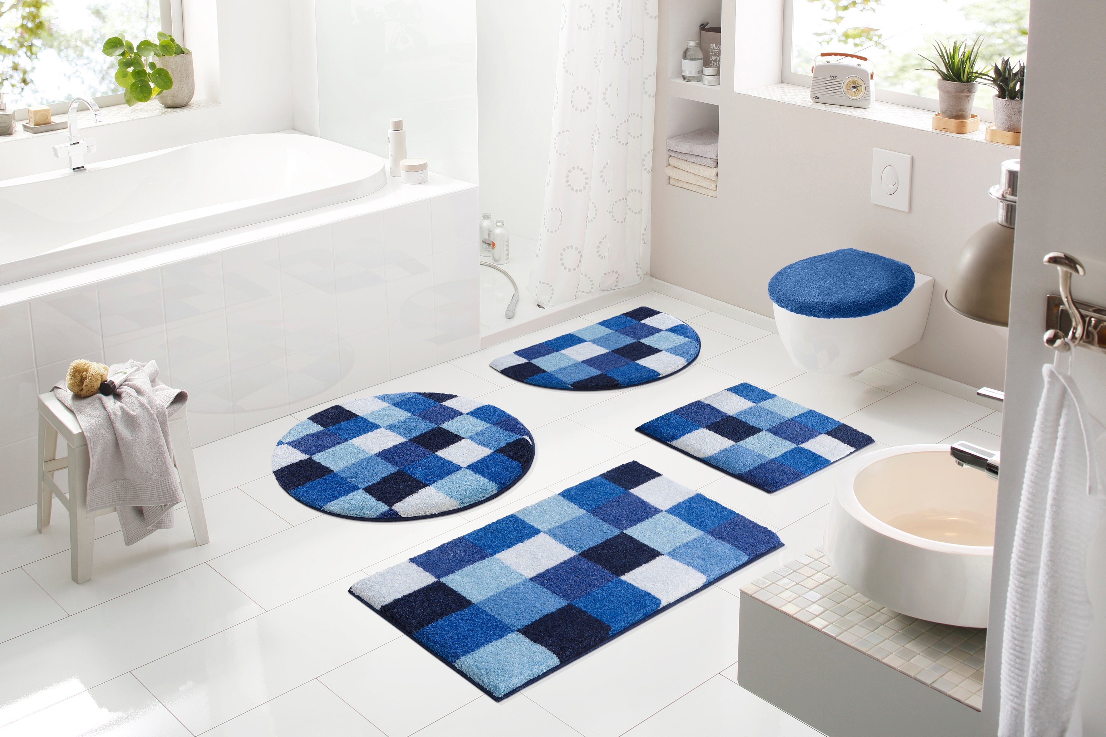 Grund Badematte Mosaik, Badvorleger, Badezimmer Teppich, sehr weich, Höhe 20 mm, rutschhemmend beschichtet, fußbodenheizungsgeeignet, Kunstfaser, rechteckig, angenehm weich, auch als 3 teiliges Set erhältlich, Made in Europe