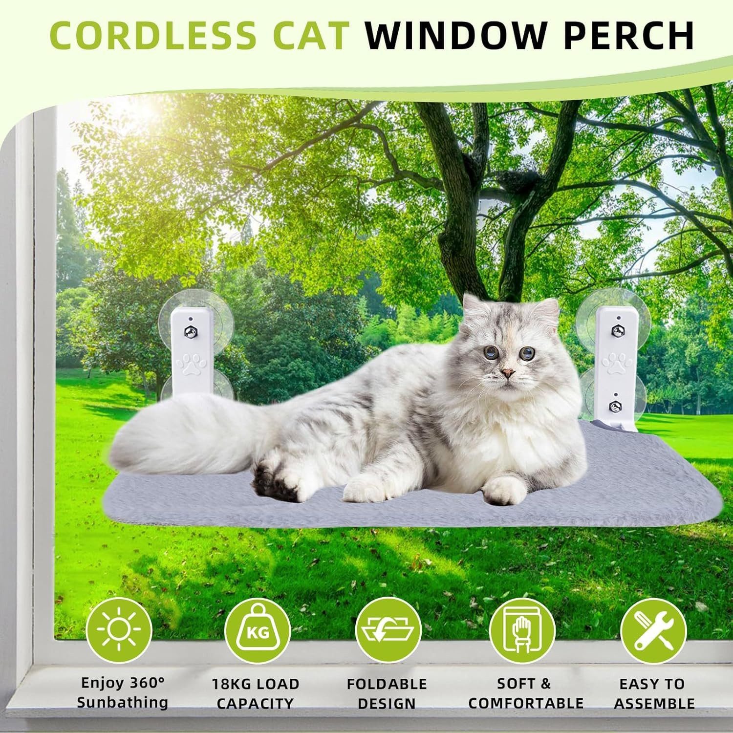 Refined Living Katzen-Hängematte Fensterhängematte Katze, Katzenfensterliege,Katzenhängematte Saugnäpfe, 60,5L x 30B x 17,5H cm, faltbares Katzenbett, Katzenfensterbank Hängematte, mit 4 stabilen Saugnäpfen, Fensterliege Katze, Kletterleiter Katzen, Katzenbett Fenster, wendbarer Bezug Katze, platzsparend, Stabil & langlebig,Tragkraft bis 13,6 kg, abnehmbar & waschbar