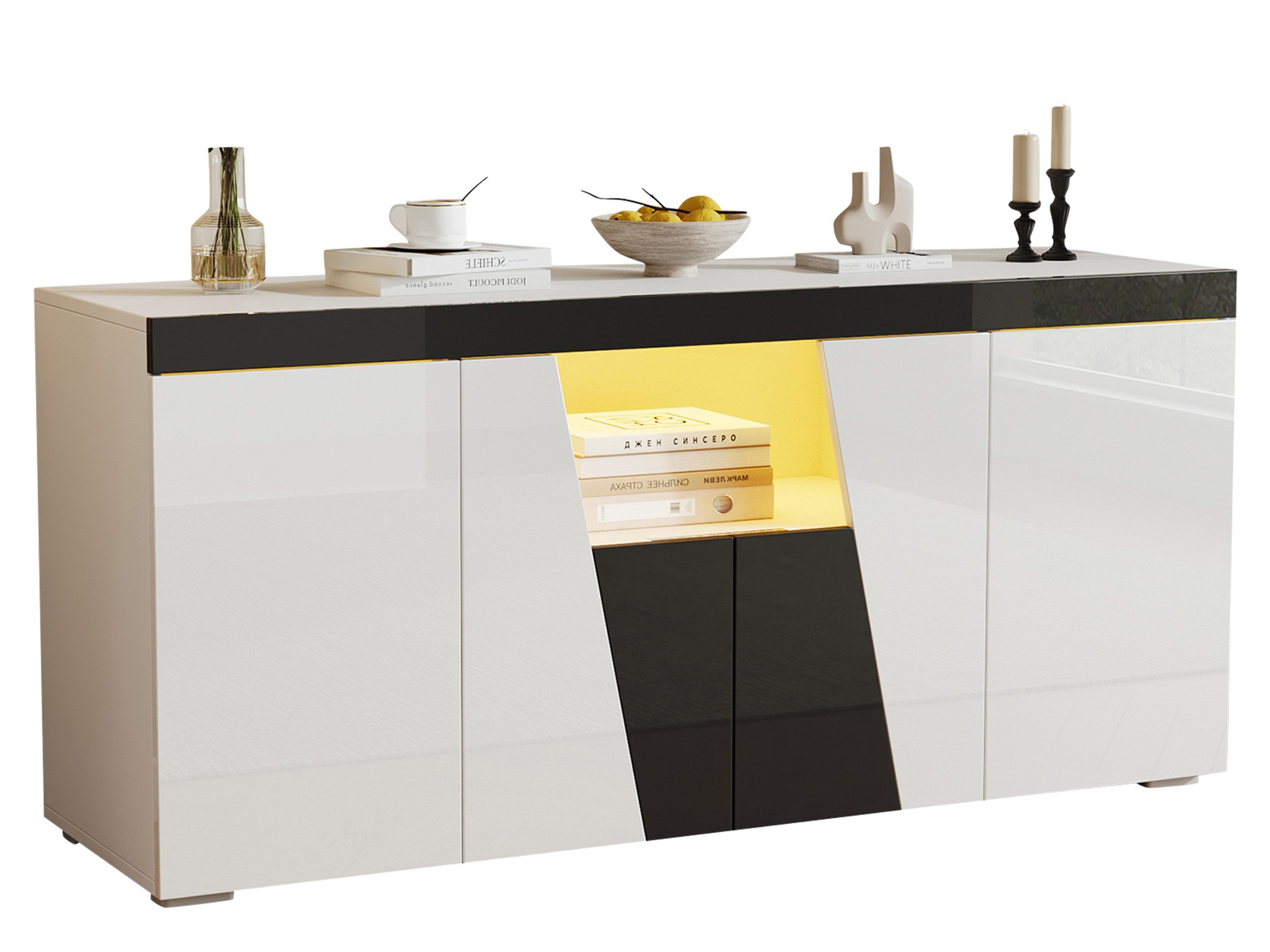 SeedWave Sideboard Kontrastfarbene Kommode mit Hochglanzfronten, LED-Beleuchtung, Wohnzimmerschrank mit 4 grifflosen Türen, Kippschutz-Set